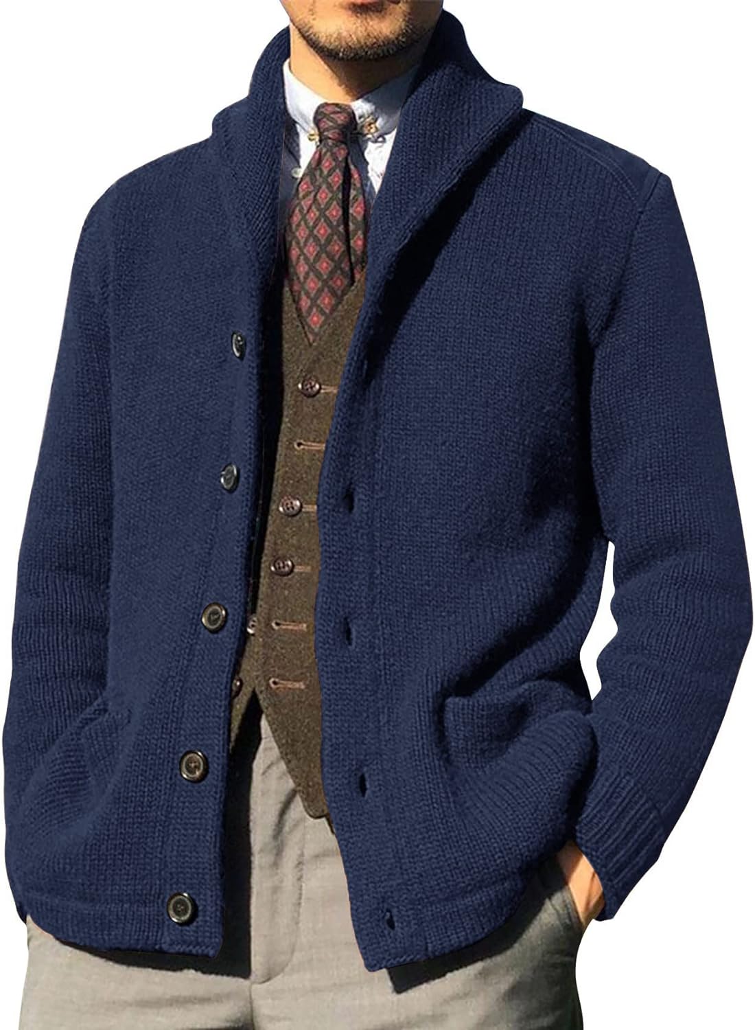 Runcati Mens Shawl Collar Cardigan Sweaters Button Down Cable Knitted Loose Fit Knitwear Open Front Sweaters Winter Outwear