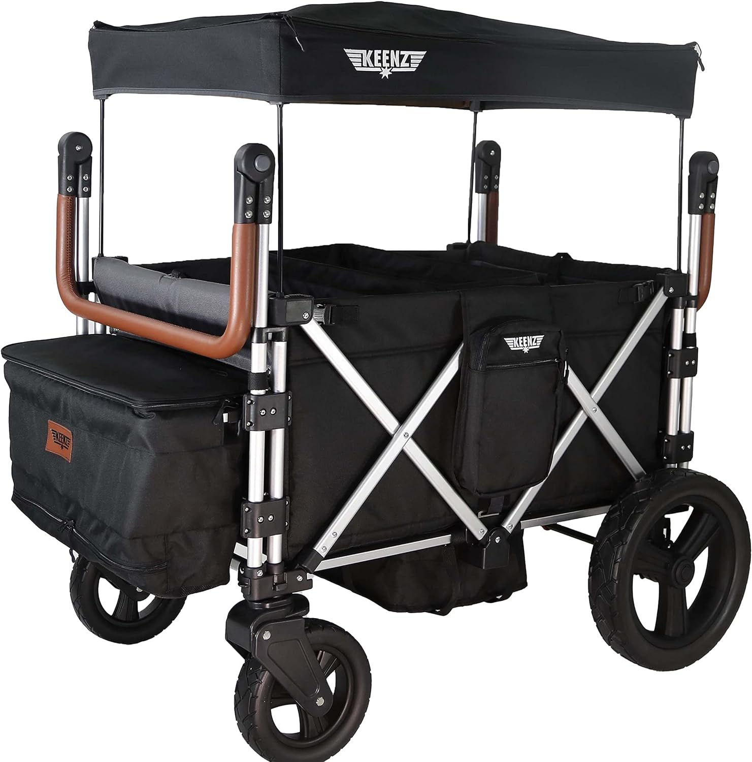 Keenz 7S+ Ultimate 4-Passenger Baby Toddler Wheeled Stroller Wagon w/Foldable Frame, Harnesses, Canopy Cover, Cooler Basket, & Storage Pockets, Black