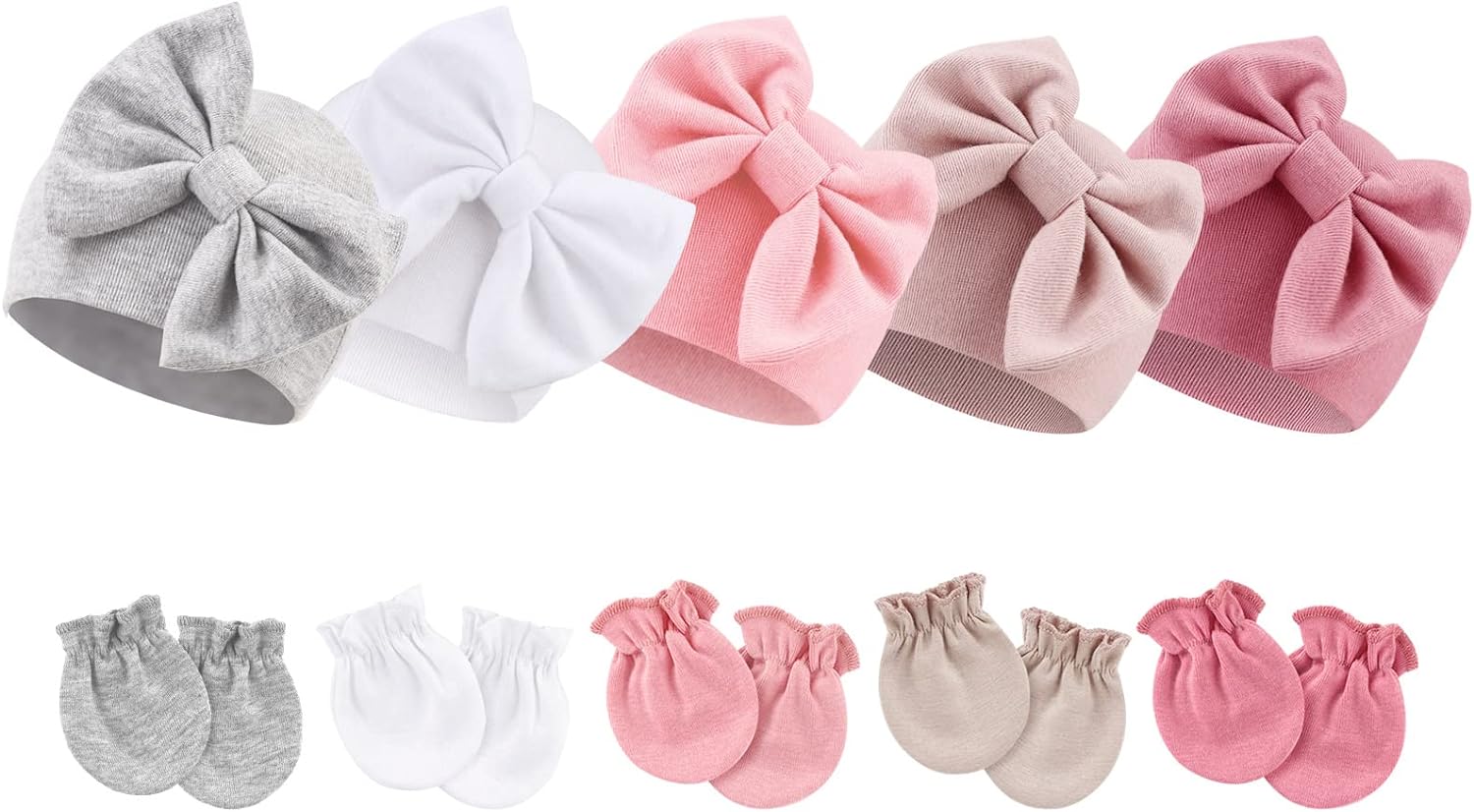 BQUBO Newborn Baby Girls Hats Mittens Set Hospital Hat Beanie Infant Bow Hats Baby Cotton Gloves No Scratch Mittens
