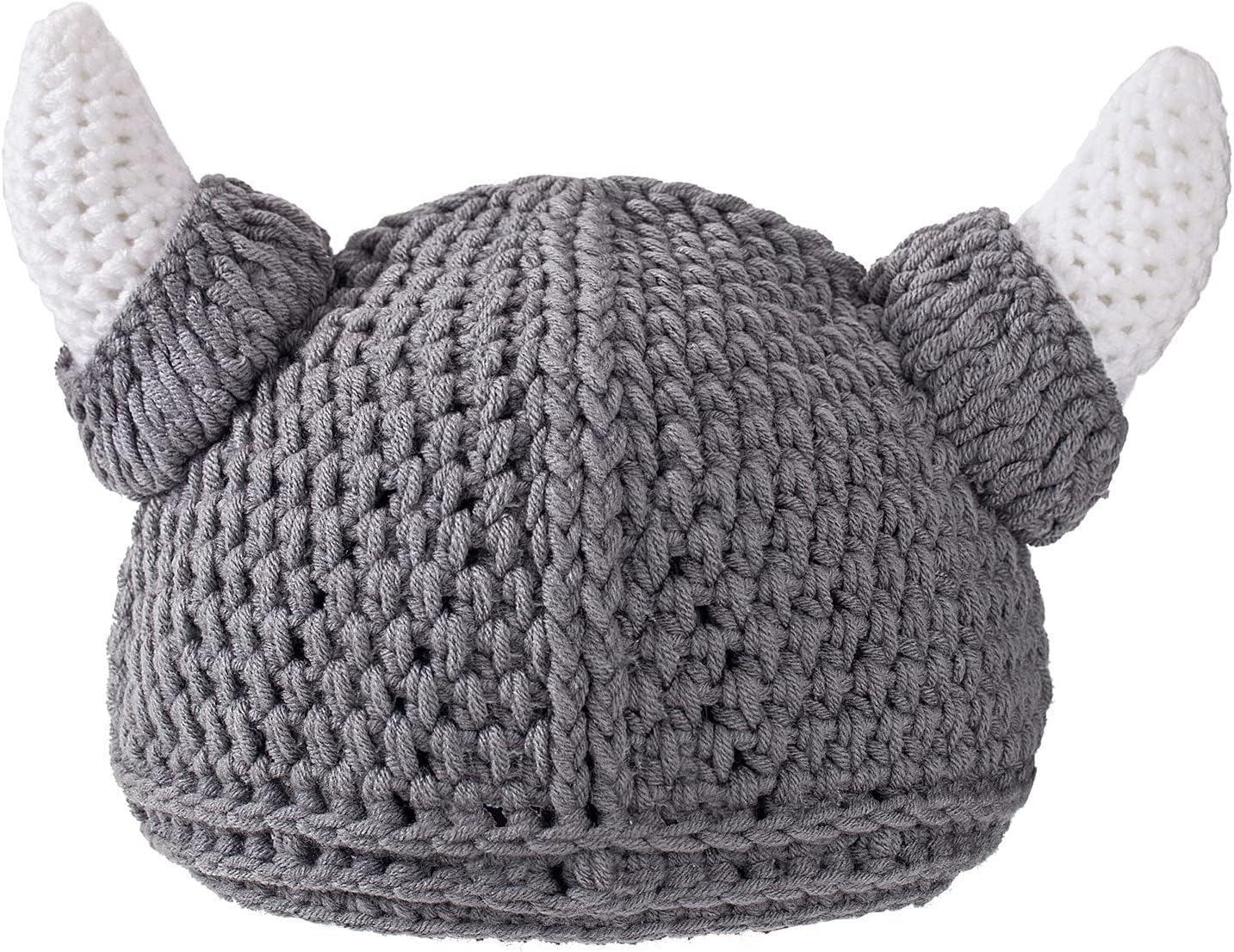 Baby Viking Knit Hat with Horns Barbarian Cute Beanie Hat Adult Crochet Handmade Knitted Cap Gray