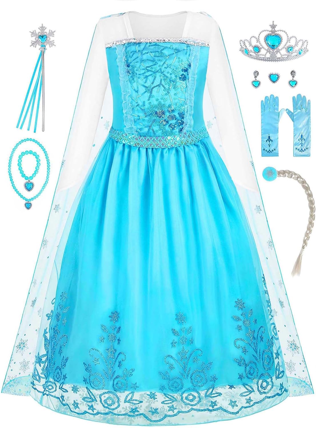 Knemmy Elsa Costume for Girl Elsa Dress Frozen Cosplay Princess Dress Up Clothes Halloween Party Perform Birthday Outfit
