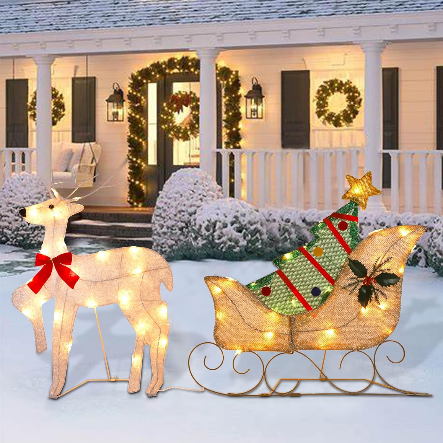 WATERGLIDE Set of 2 Lighted Christmas 2D Reindeers Outdoor Decorations, 23 Inch Pre-Lit Light Up Xmas Rudolph & Santa Sleigh with Lights, Festive Holiday Front Door Garden Patio Yard Lawn Display