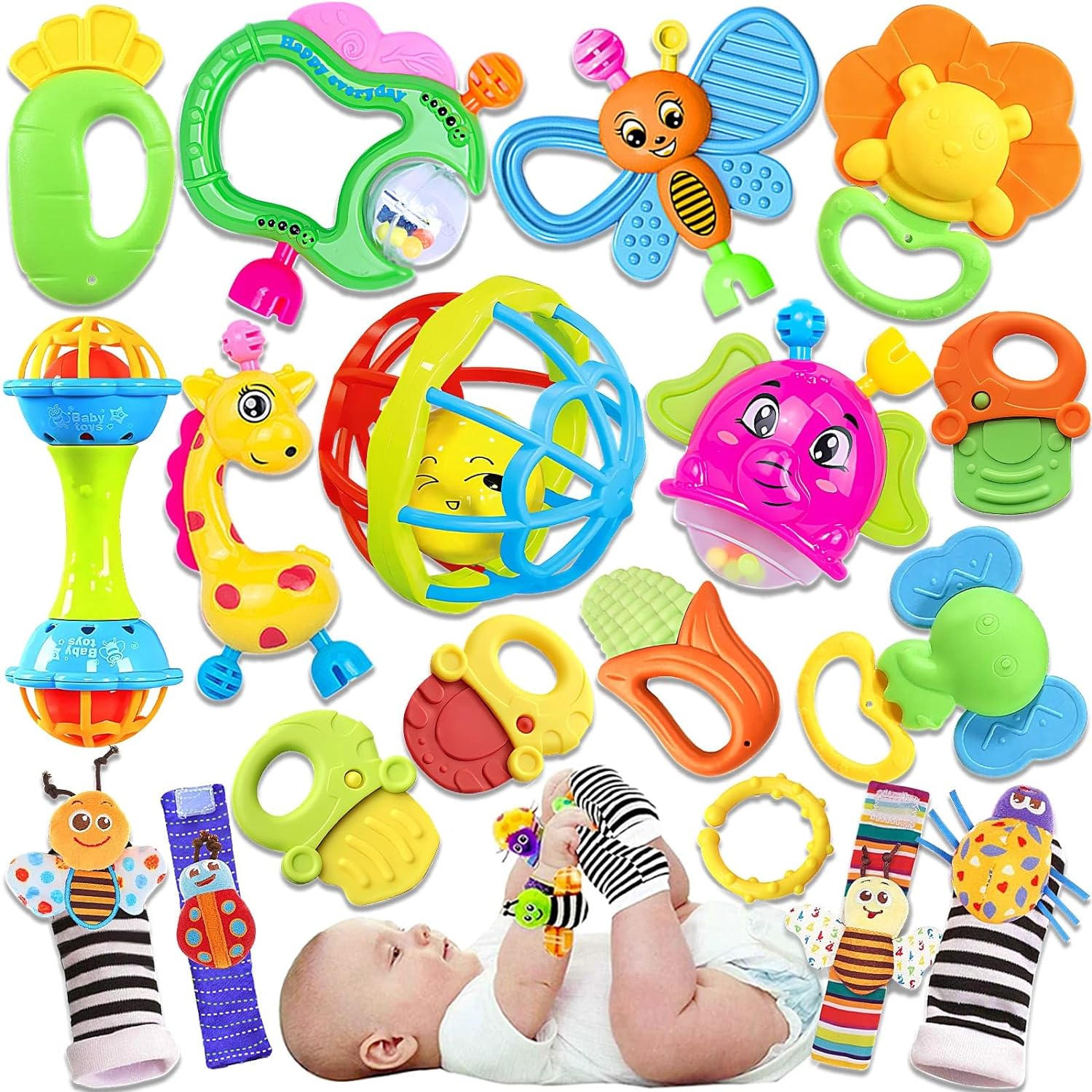 Baby Rattles Toys for 0-6 Months - 18 PCS Infant Toys 0-3 Month Old Baby Boy Girl Gifts Set with Teething and Wrist Socks Rattle Infant Newborn Sensory Toy