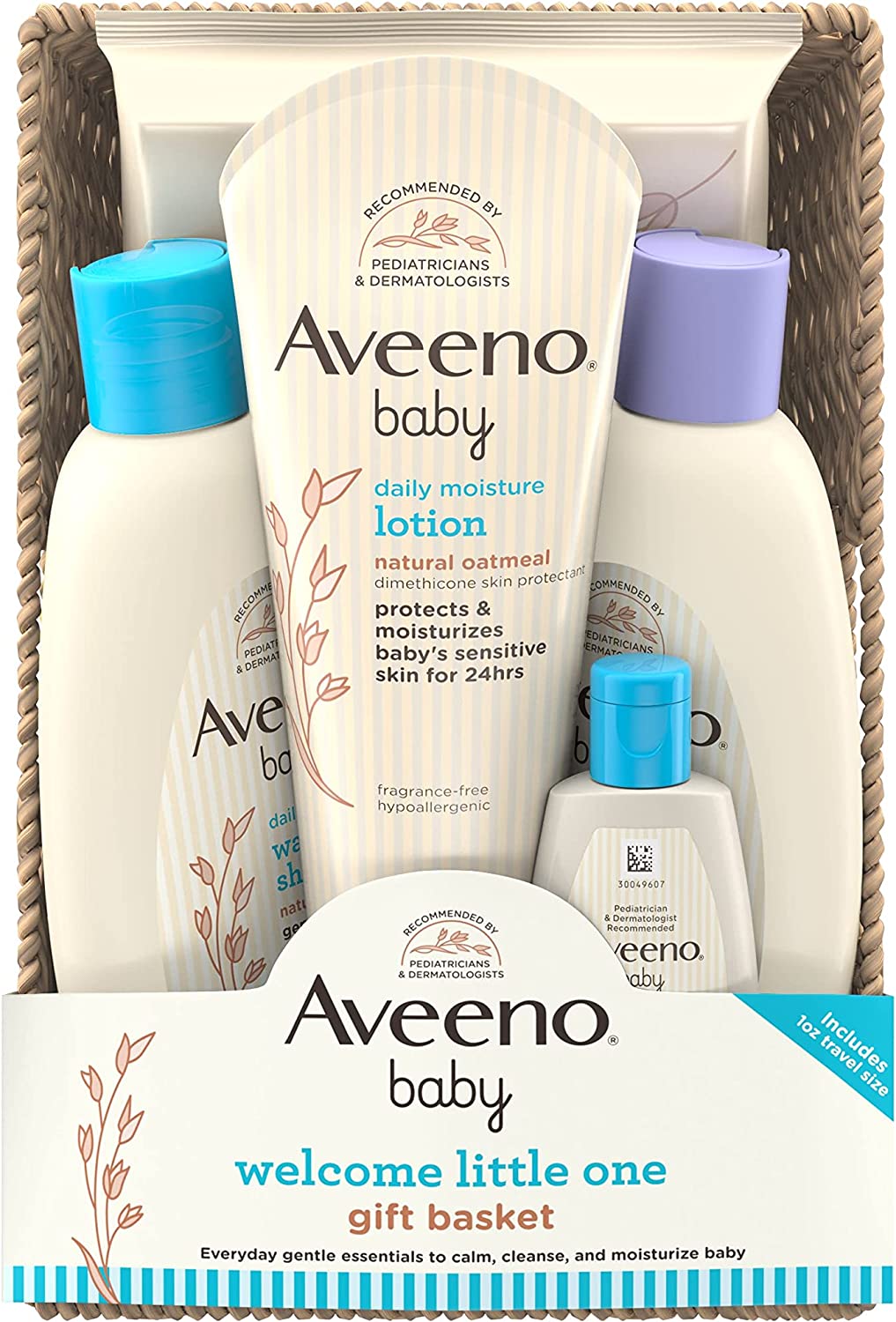 Aveeno Baby Welcome Little One Gift Basket, Baby Skincare Set with Baby Body Wash & Shampoo, Calming Bath Wash, All Over Baby Wipes, & Daily Moisturizing Lotion, 5 Items