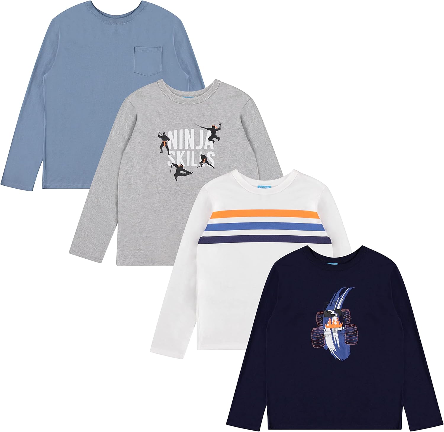 BCOOL 4-Pack Long Sleeve Shirts for Boys, Kids Cotton Blend Plain/Printed Tshirts, Full Sleeved Crewneck Tees