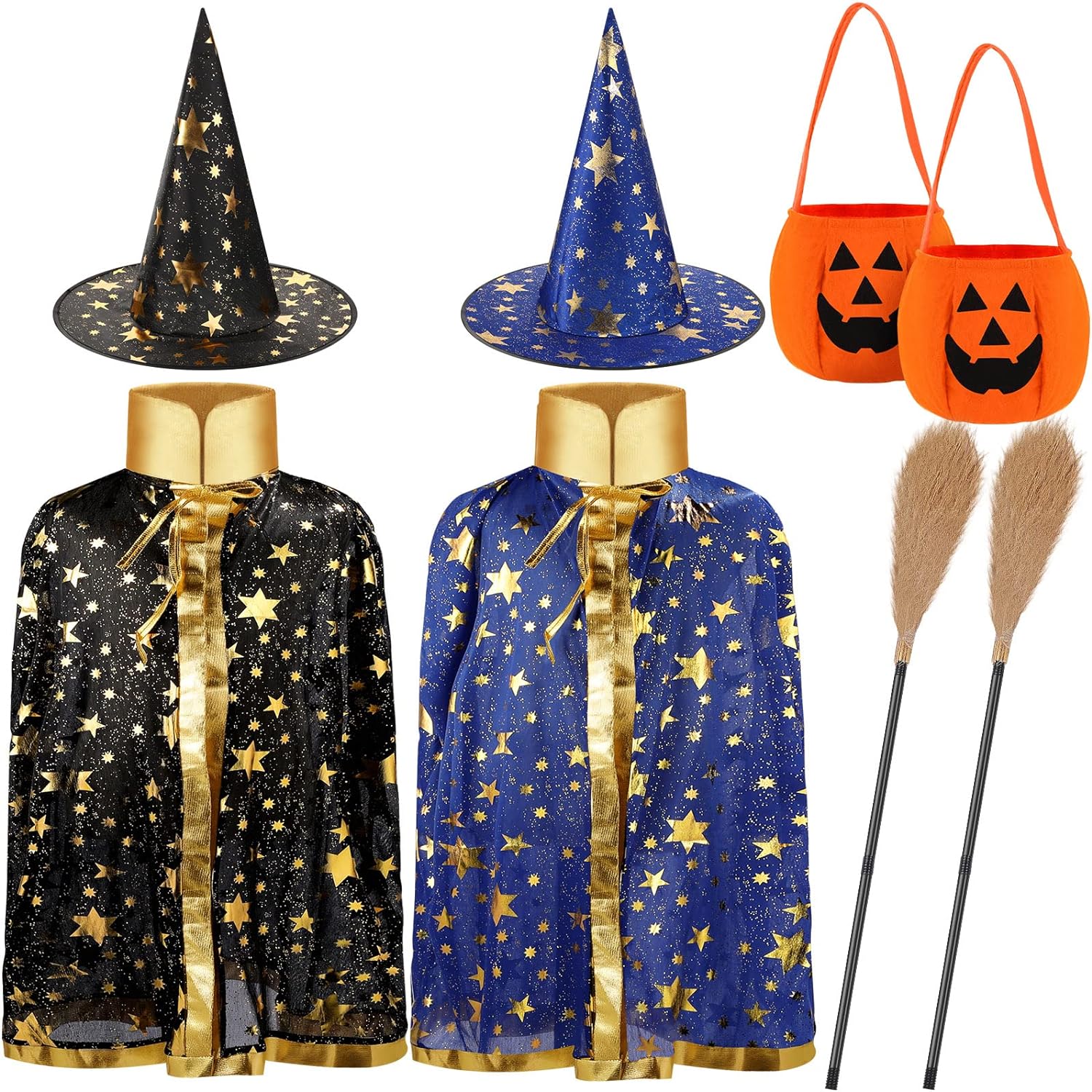 2 Sets Halloween Kids Witch Cloak Witch Cape with Wizard Hat, 2 Sets Witch Broom and Pumpkin Bags Halloween Costume Props for 3-12 Years Kids Boys Girls Cosplay Party Accessories