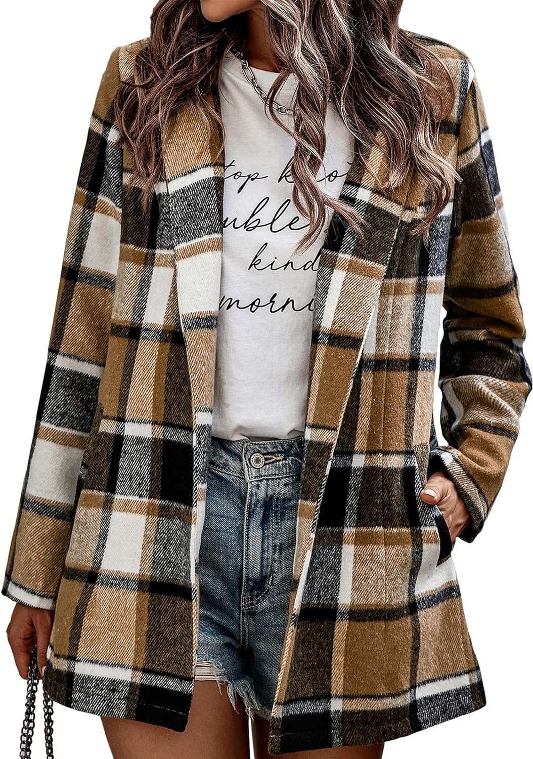 AOVDE Womens Plaid Shacket Jacket - 2026 Fall Winter Casual Lapel Long Sleeve Flannel Shirts Open Front Tartan Jackets Coat