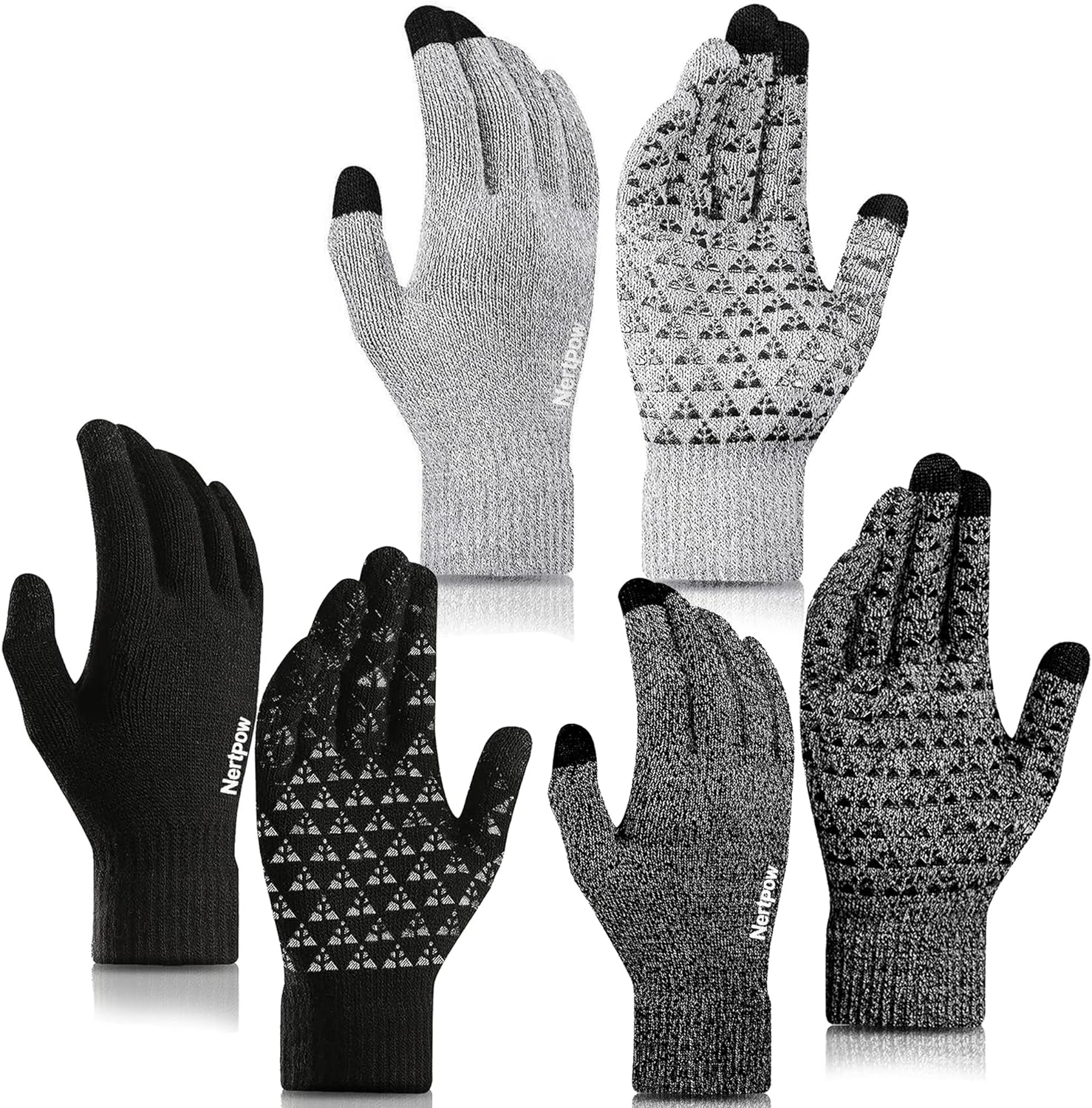 Nertpow Winter Gloves Touchscreen Gloves 3 Packs, Gloves for Men Knit Anti-slip, Gloves for Women with Warm Fleece Lined
