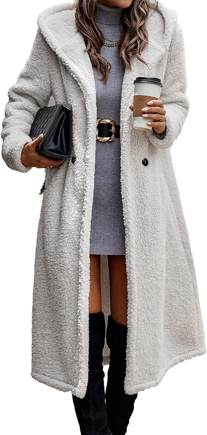 PRETTYGARDEN Women's Winter Coats Fuzzy Fleece Long Hooded Jackets Button Down Faux Fur Warm Outwear with Pockets