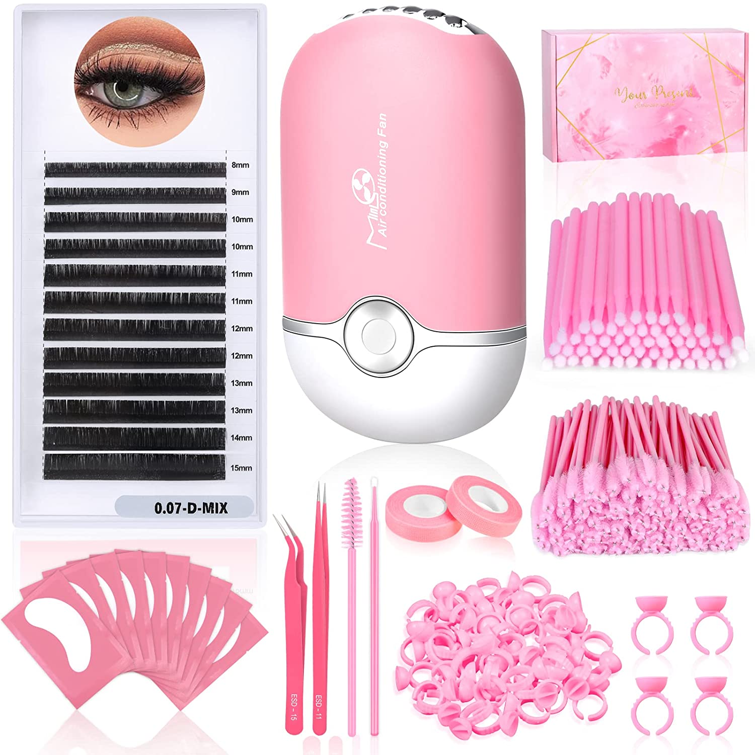 230PCS Eyelash Extension Supplies Kit with Fairy Lash Clusters 0.07D Curl Mix 8-15mm, USB Air Conditioning Blower, Lash Tweezers, Eye Gel Pads, Mascara Brushes, Micro Applicators Brushes for Beginners