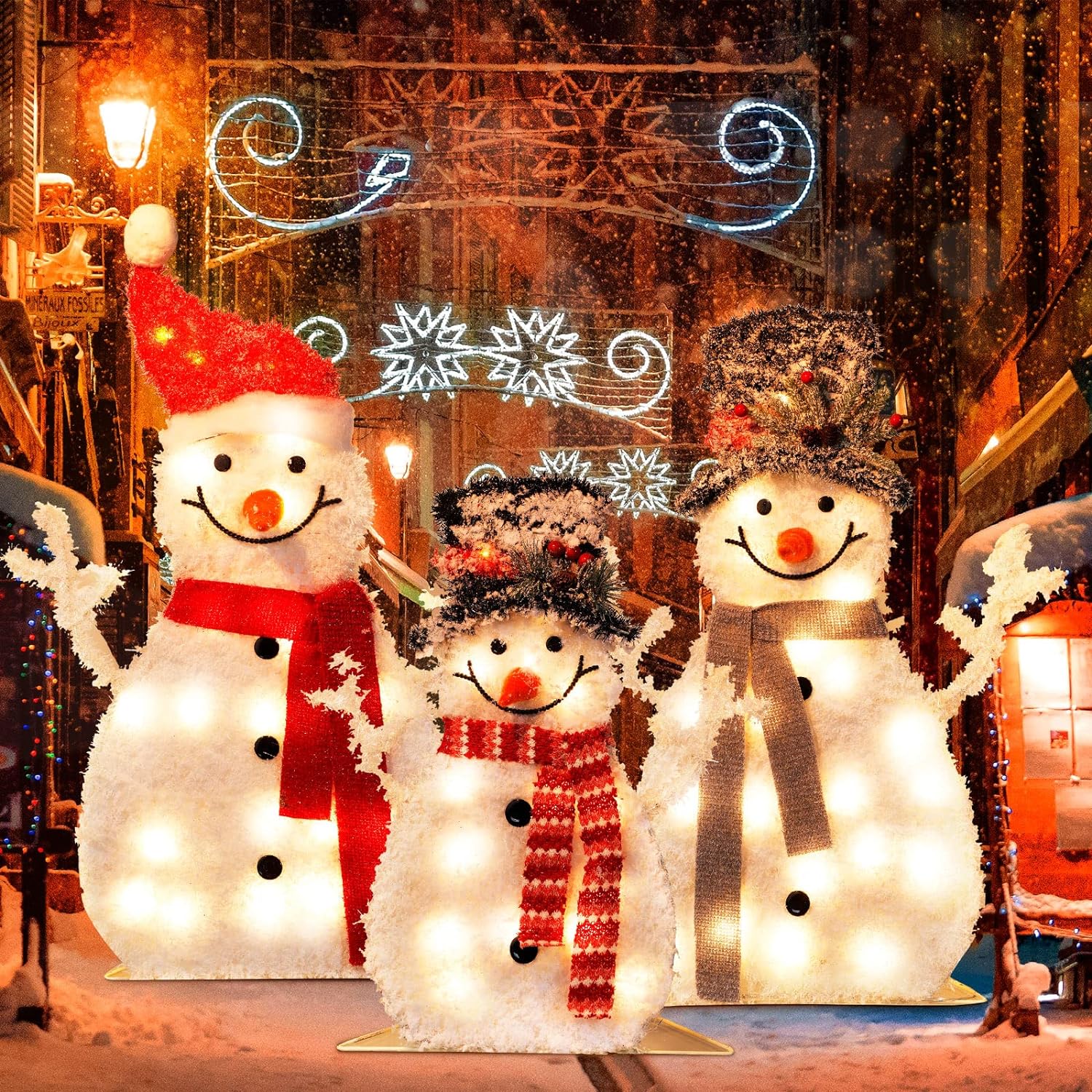 3 Pieces Christmas Snowman Outdoor Decorations Pre Lit Snowman Family Yard Decorations with 65 Led Warm White Lights for Xmas Indoor Outdoor Garden Yard Lawn Festive Holiday Decorations, 30/30/20 Inch