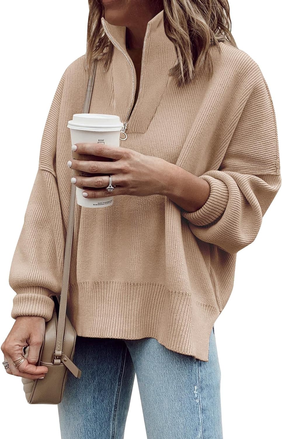 Imily Bela Womens Tunic Sweater Fall Long Sleeve 1/4 Zip Pullover Sweaters Oversized Slouchy Ribbed Knit Sweatshirt with Slit
