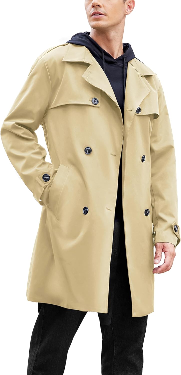 COOFANDY Men's Trench Coat Slim Fit Notch Lapel Double Breasted Belted Lightweight Windbreaker