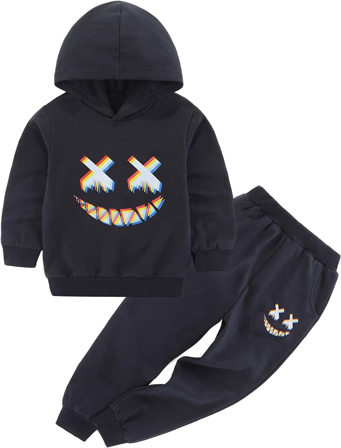 BOMDEALS Toddler Baby Boy Clothes - Halloween Cartoon Face Print Long Hoodie Sweatshirt Pants Fall Winter 2Pcs Clothing Set