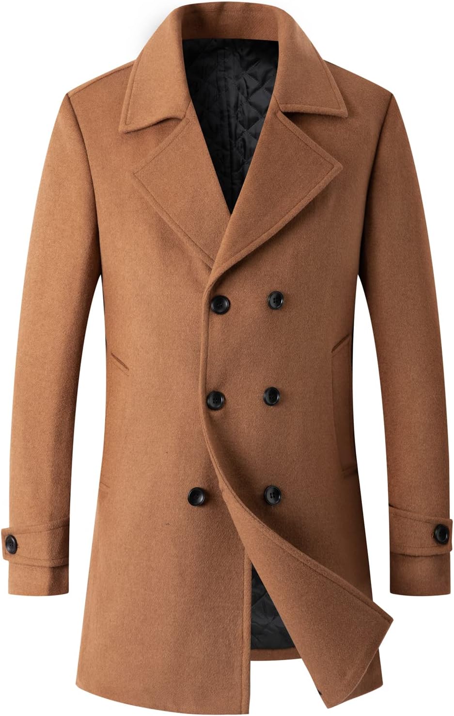chouyatou Men's Classic Double Breasted Wool Blend Pea Coat Mid Long Trench Coat