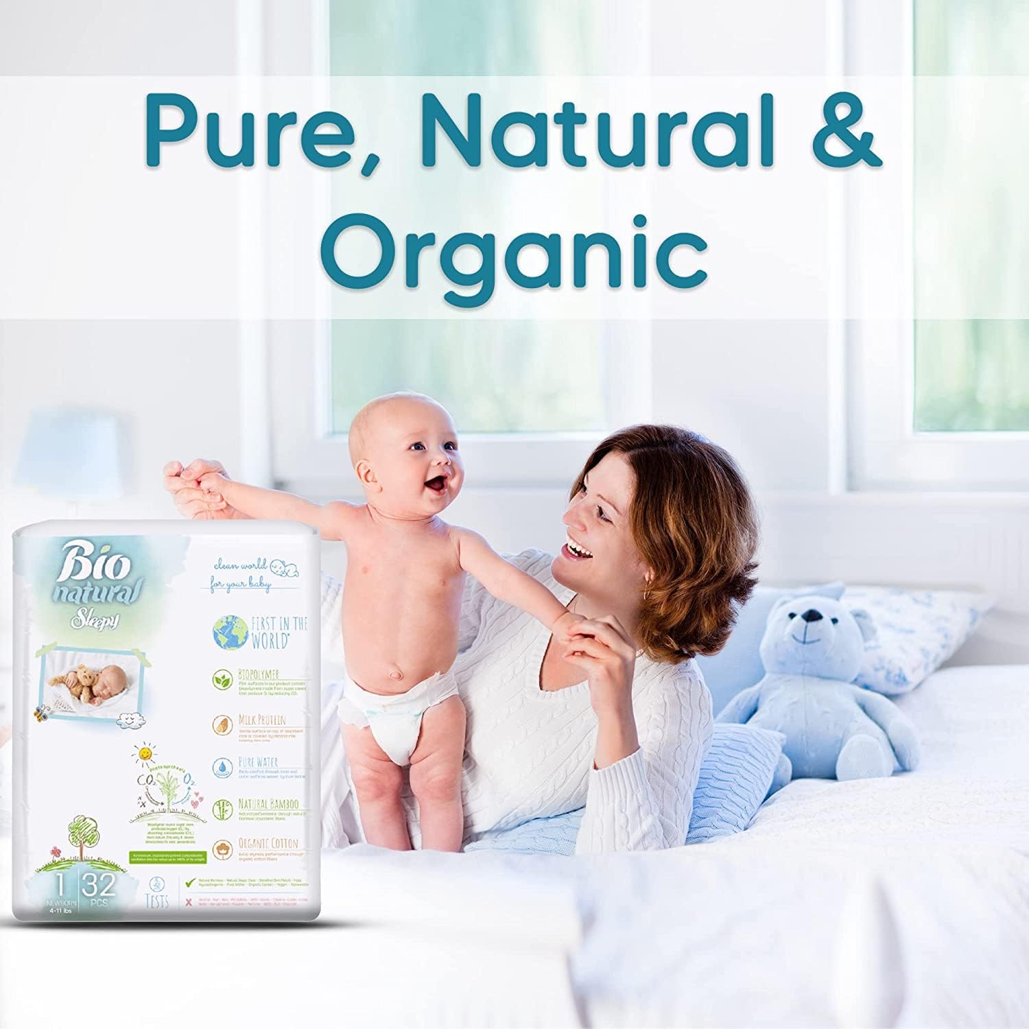 Bio-Natural Sleepy Baby Diapers, Made from Organic Cotton and Bamboo Extract, Ultimate Comfort and Dryness, Wetness Indicator, Comes with The Baby Wipes, (1 New Born 4-11 Lbs Count- 32 PCs)|SOHO