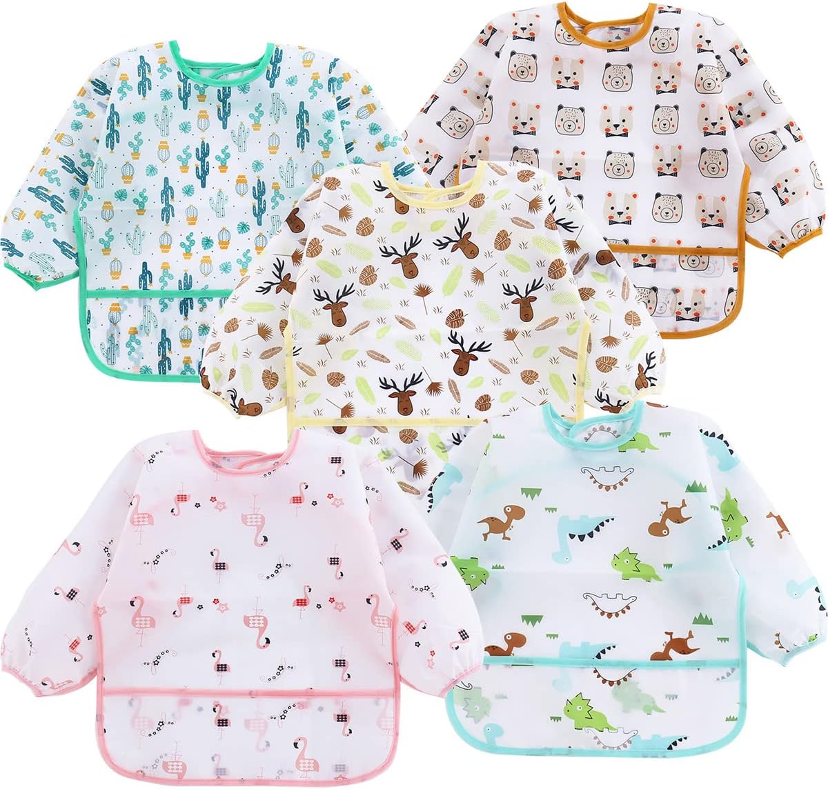 PandaEar 5 Pack Long Sleeve Bibs| Waterproof Full Bib with Sleeves for Babies Infant Toddler 6-24 Months| Mess Proof Baby Smock for Eating| Baby Apron for Feeding
