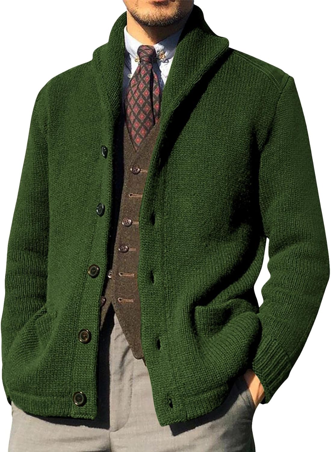 Narex Mens Shawl Collar Cardigan Sweater Cable Knitted Open Front Button Down Ribbed Knitwear Outwear with Pockets