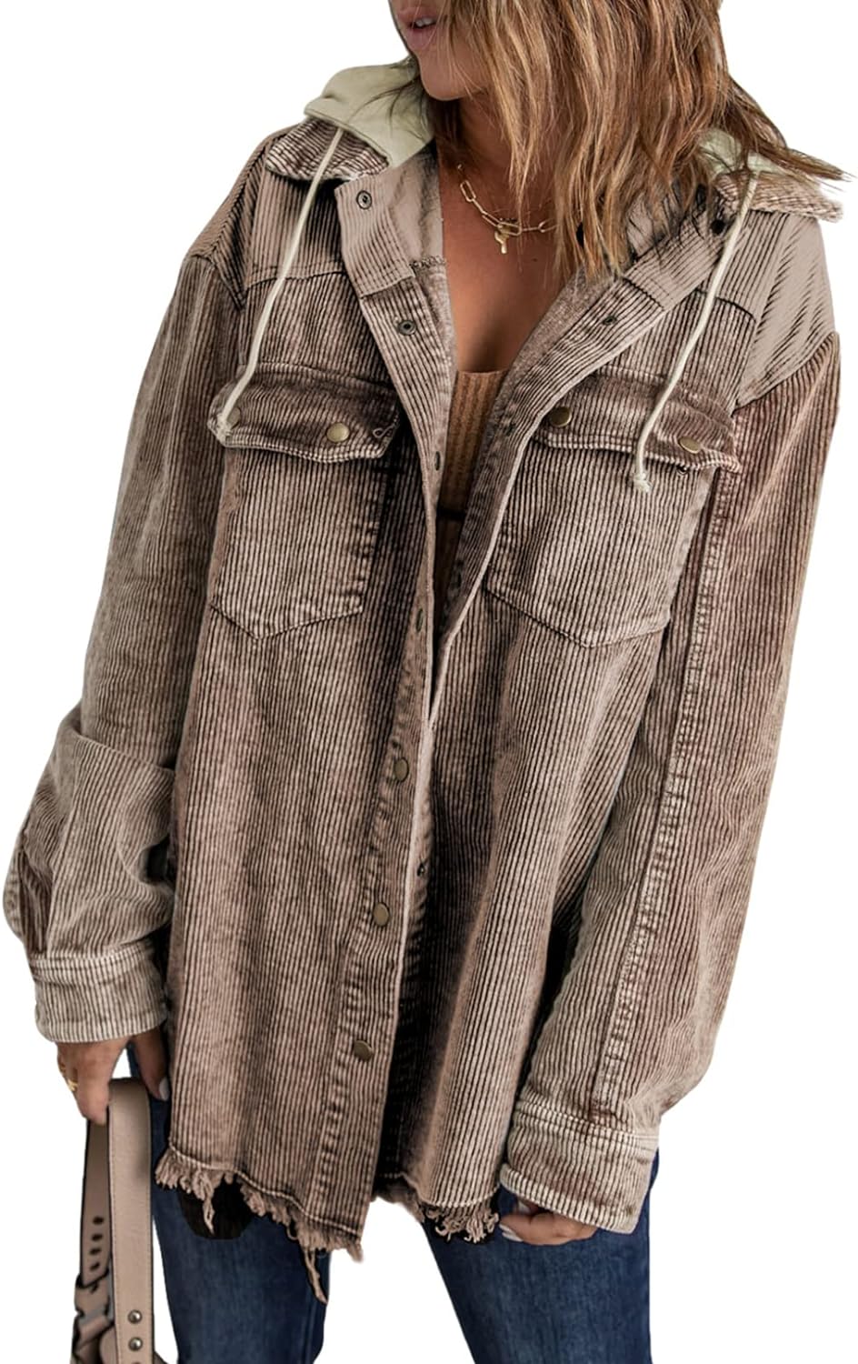 Dokotoo Womens Fall Corduroy Shacket Jacket Long Sleeve Button Down Color Block Hooded Coat with Pockets