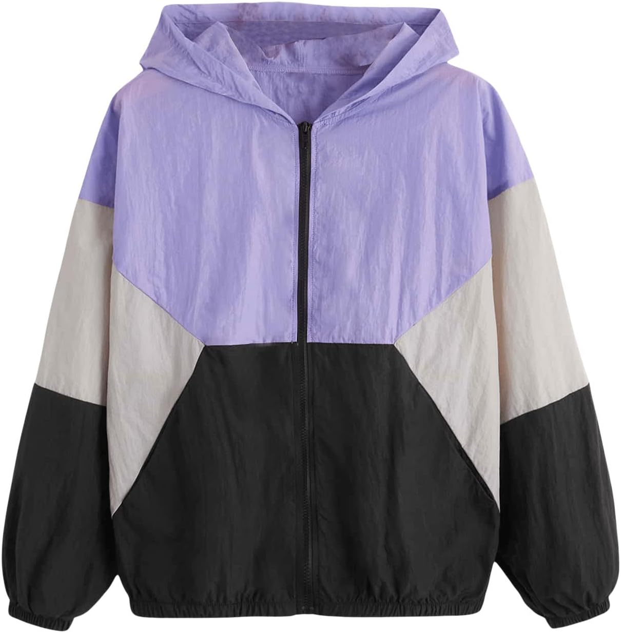 SweatyRocks Women's Casual Color Block Drawstring Hooded Windbreaker Jacket