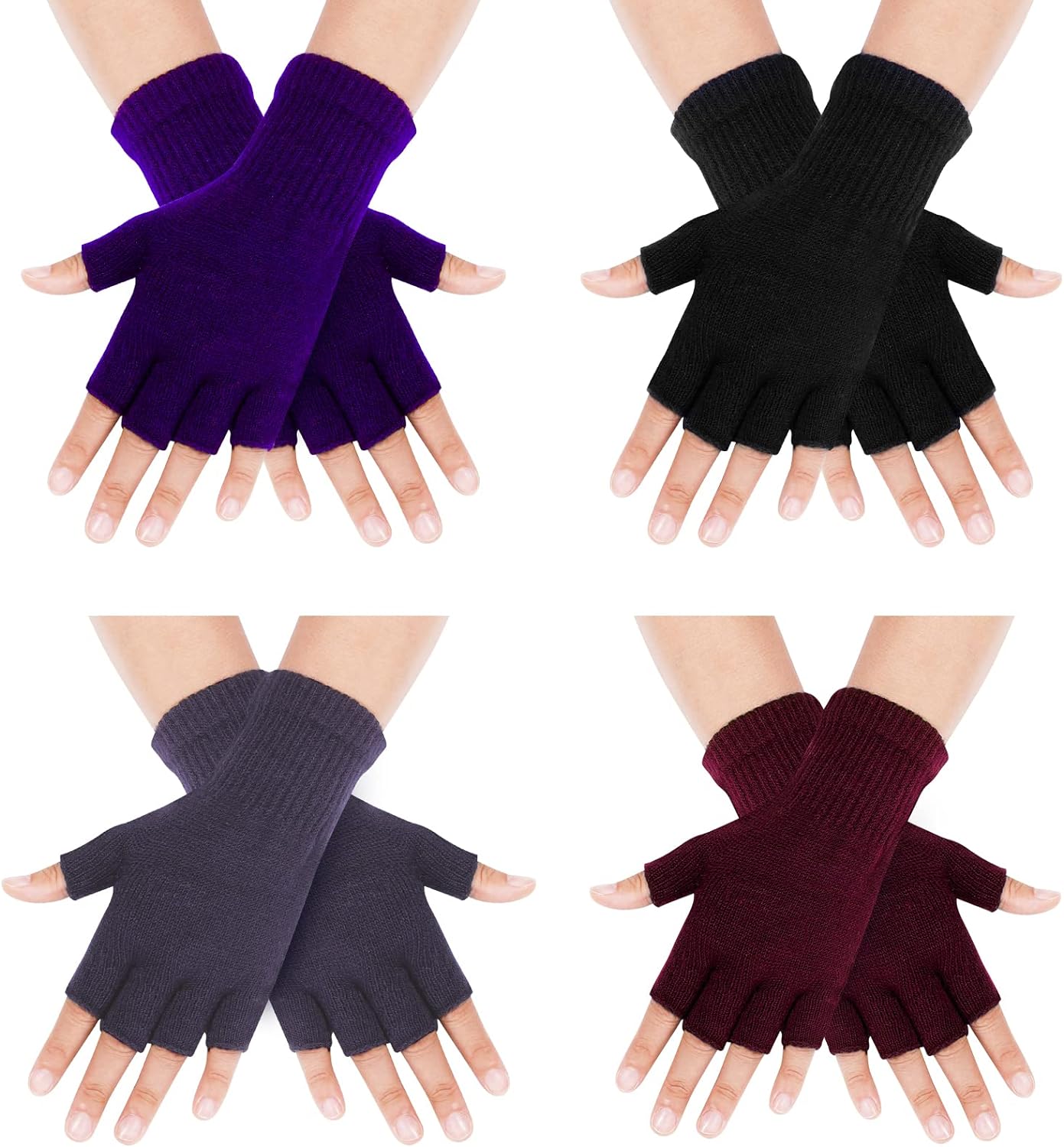 Sumfox 4 Pairs Black Fingerless Gloves for Women Men Unisex Half Finger Gloves Knit Gloves Winter Stretchy Gloves