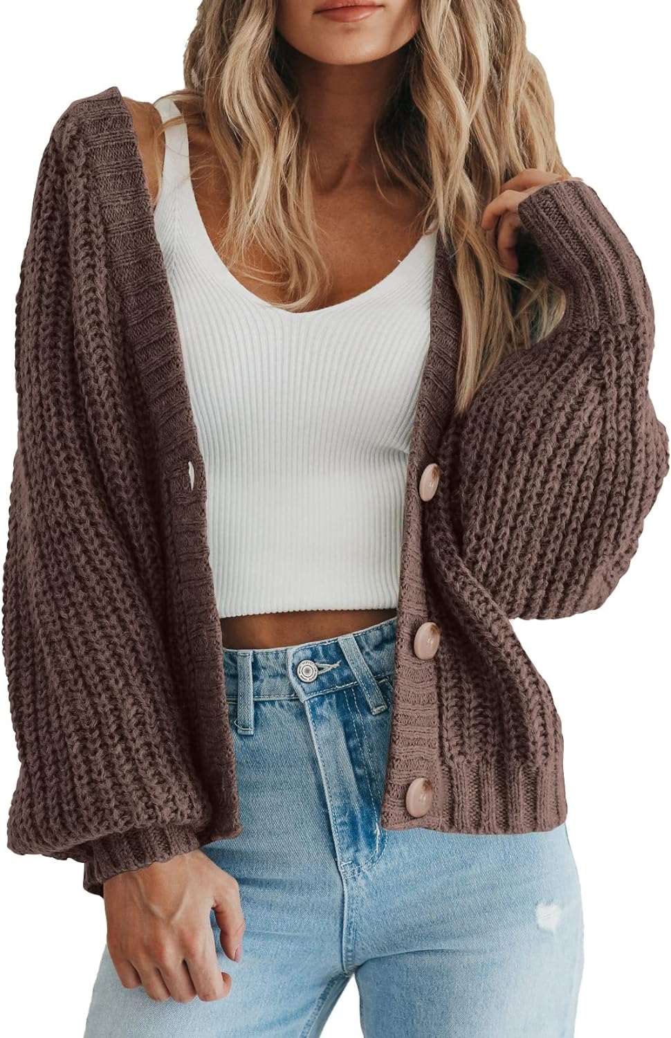 PRETTYGARDEN Women's Chunky Knit Open Front Sweater Long Sleeve Button Loose Short Cardigan Outerwear Coats
