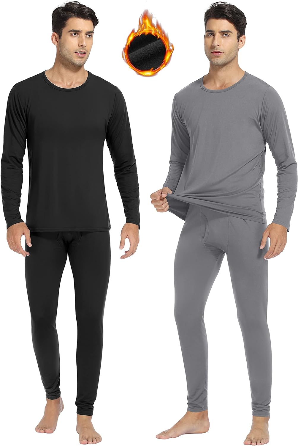 URATOT 2 Sets Men's Thermal Underwear Set Fleece Lined Thermal Underwear Soft Long Johns Top Bottom Set for Men Cold Winter