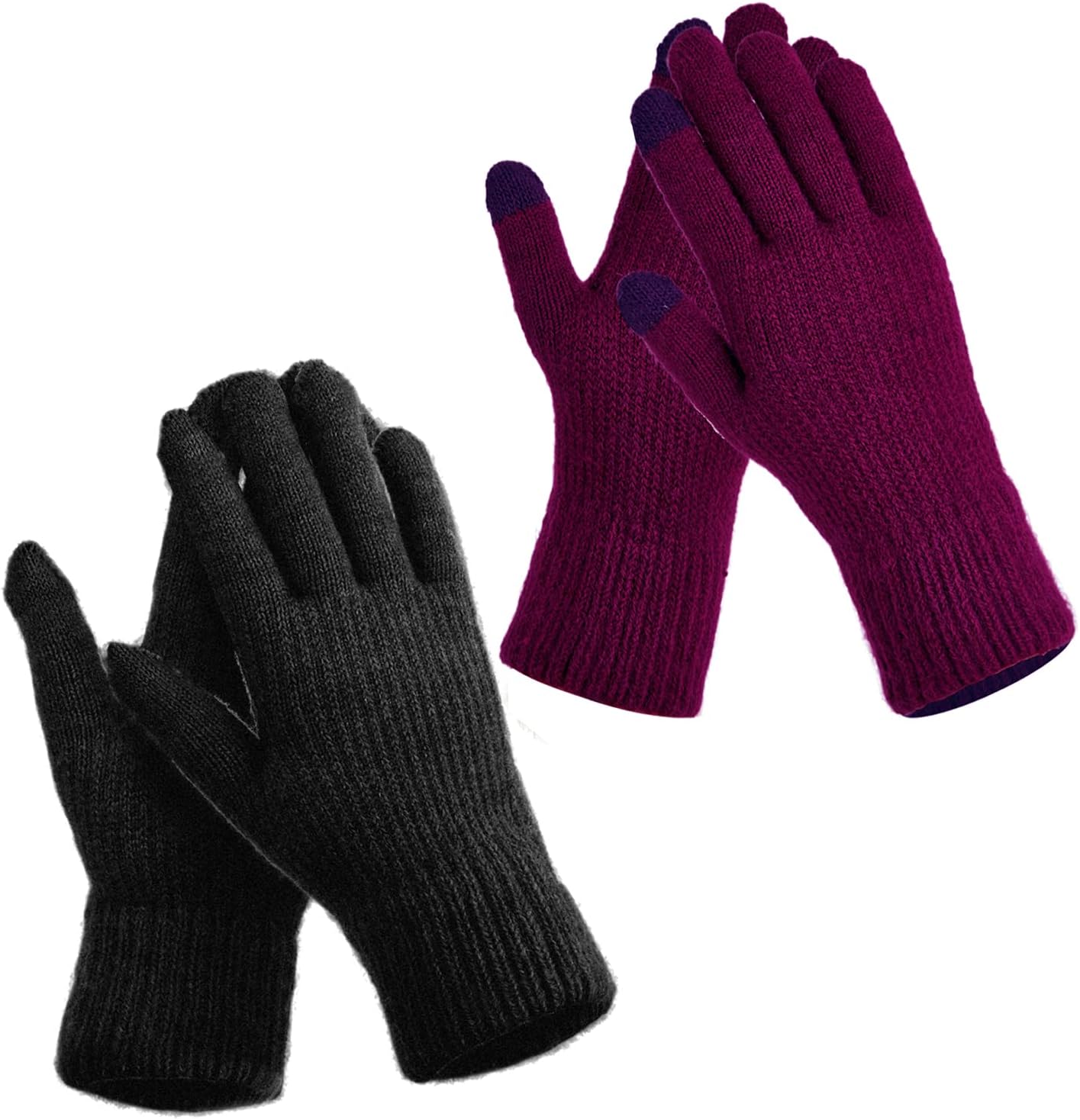 Evob 2 Pairs Women's Winter Gloves Thermal Warm Lining -Elastic Cuff Cozy Thick Touchscreen Texting Knit Gloves