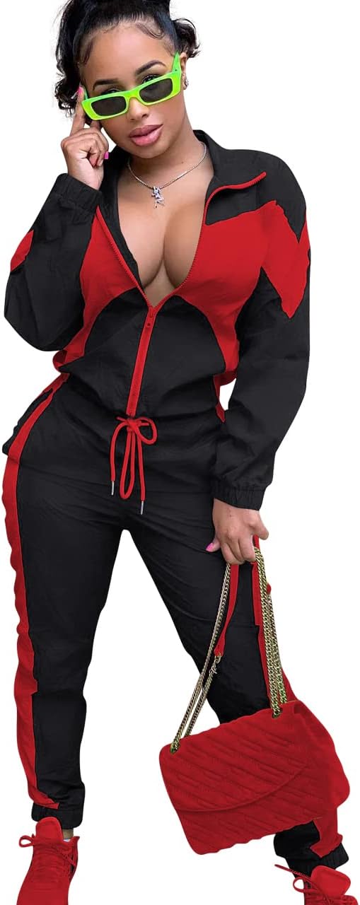 yidengymx Womens Windbreaker Jacket Pants Tracksuit 2 Piece Colorblock Patchwork Outfit for Women 2 Piece Zip Front Jumpsuits