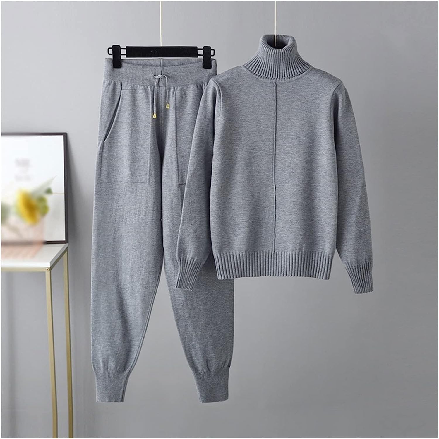 Walnut Two Pieces Cashmere Wool Suits Female Turtleneck Warm Knit Tops and Casual Pants Sets (Color : A, Size : 1)