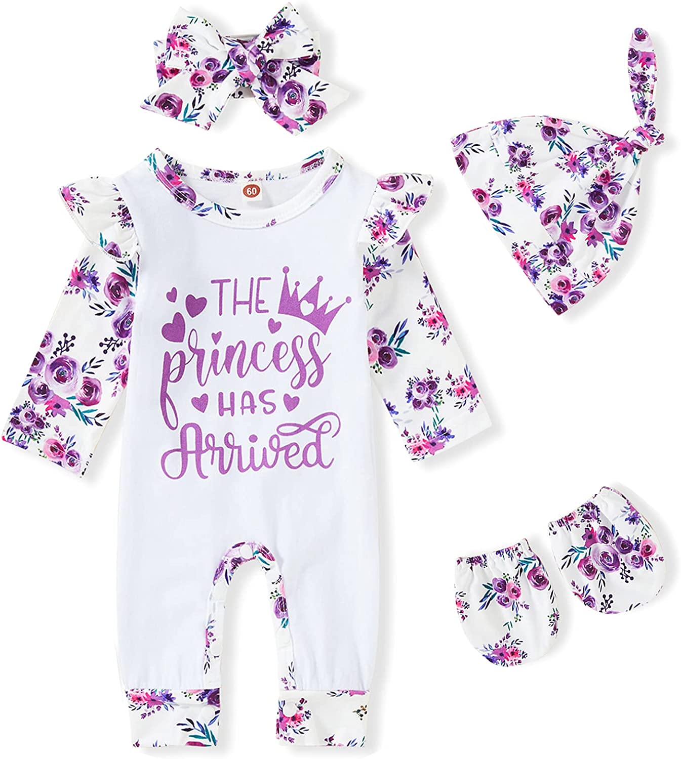 GRNSHTS Baby Newborn Girl Romper Infant Letter Print Bodysuit Jumpsuit+Hat+Headband Coming Home Clothes Outfit Set