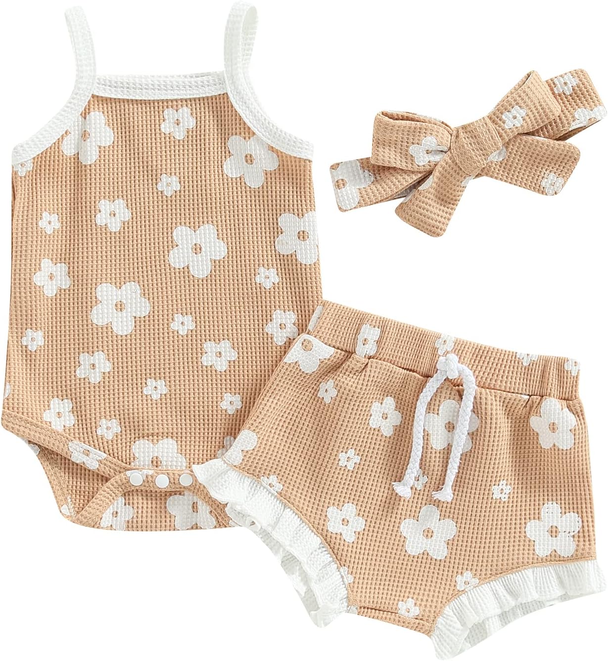 Newborn Baby Girls Clothes Sets Waffle Floral Print Sleeveless Bodysuits+Ruffles Drawstring Summer Shorts+Headband