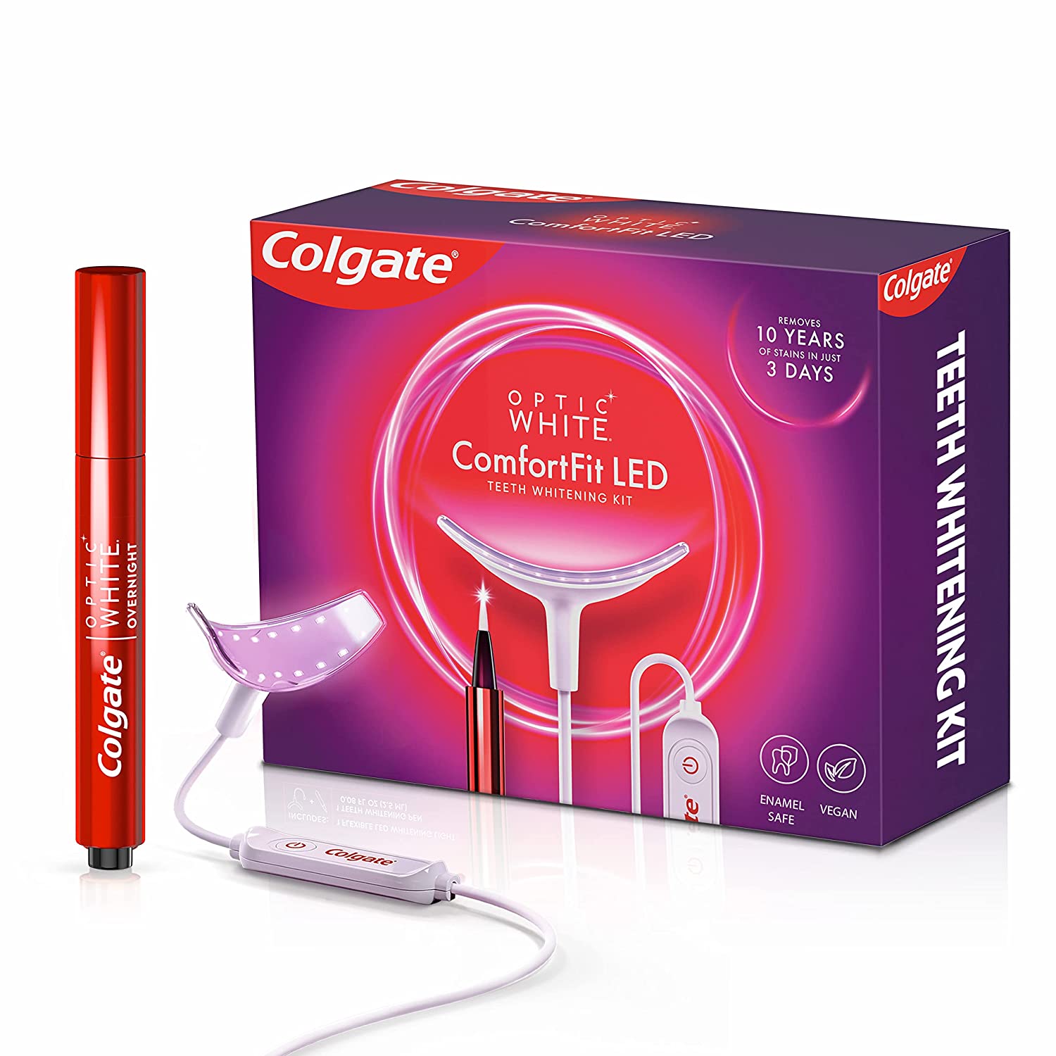 Colgate Optic White ComfortFit Teeth Whitening Kit with LED Light and Whitening Pen, LED Teeth Whitening Kit, Enamel Safe, Works with iPhone and Android
