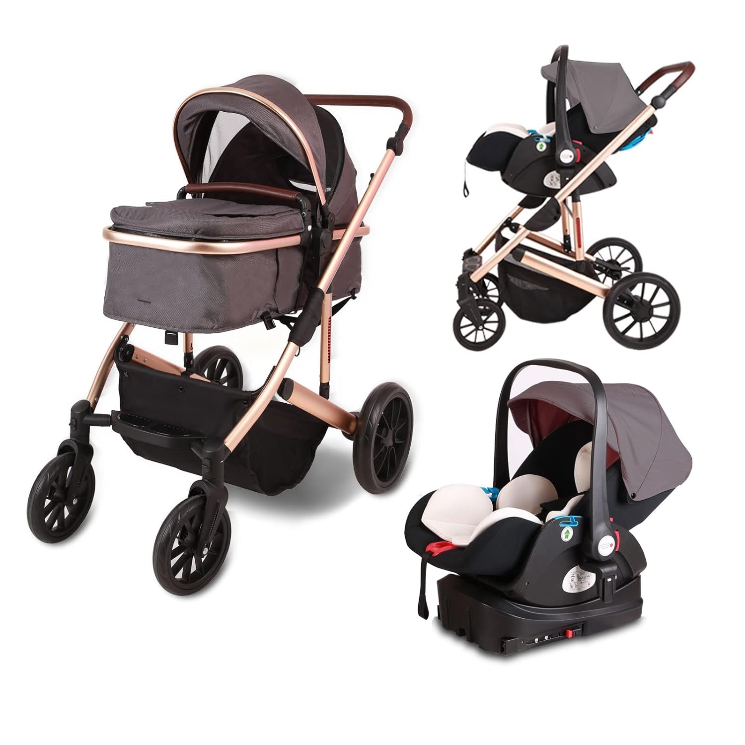 3 in 1 Infant Baby Stroller with Bassinet Mode,Car Seat & Latch Base - Rear Facing Car Seat and Car Seat Base, Car Seat to Stroller in Seconds - Travel System Compatible(Color:Gray)