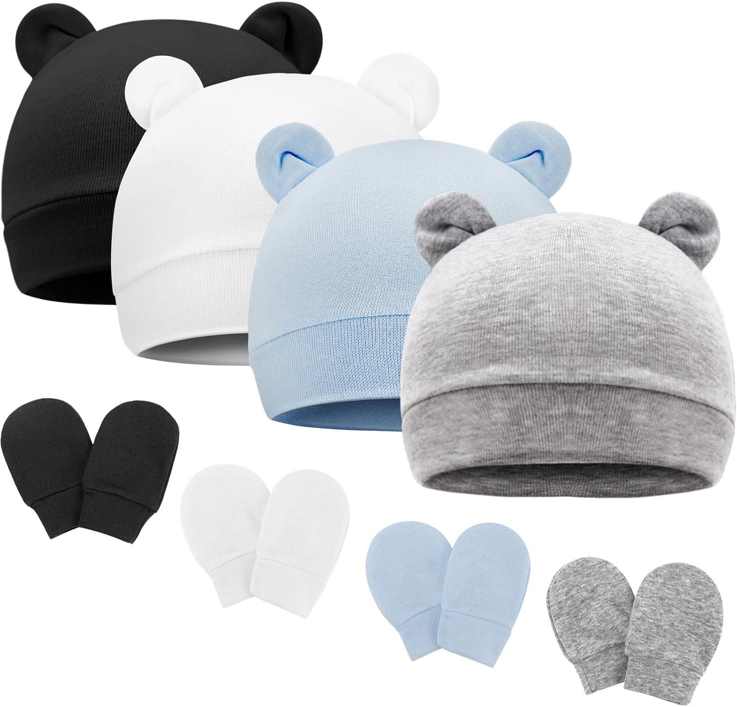 BQUBO Newborn Baby Bear Ears Hats and Mittens Sets Preemie Cotton Caps Baby Boy Girl Infant Hospital Beanie