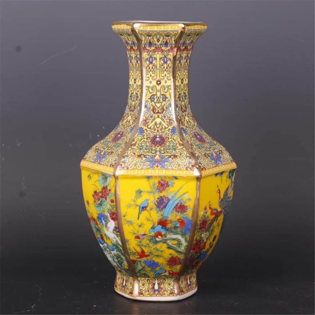 ZSEDP Jingdezhen Antique Enamel Hexagons Vase Yellow Flower and Bird Pattern Vase