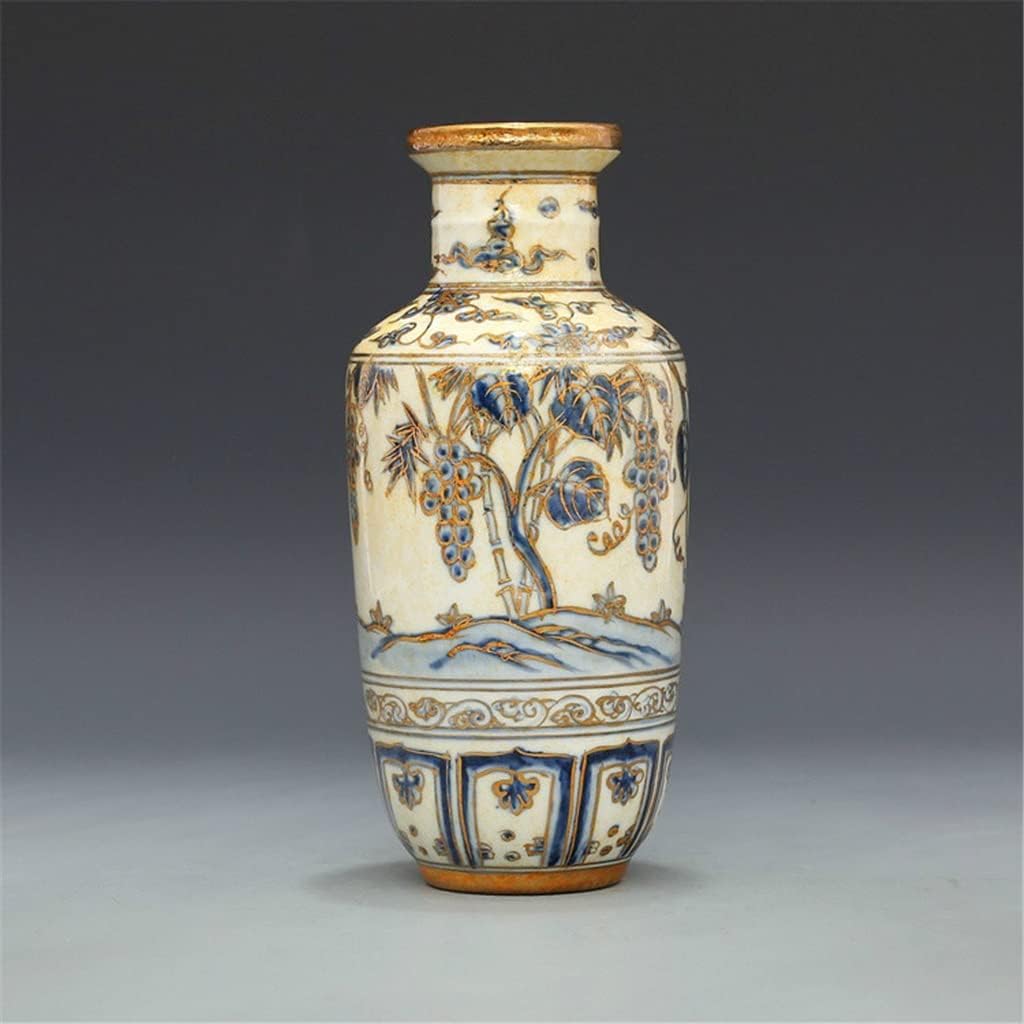 ZSEDP Antique Classic Blue and White with Gold Grape Pattern Small Ceramic Decoration Vase