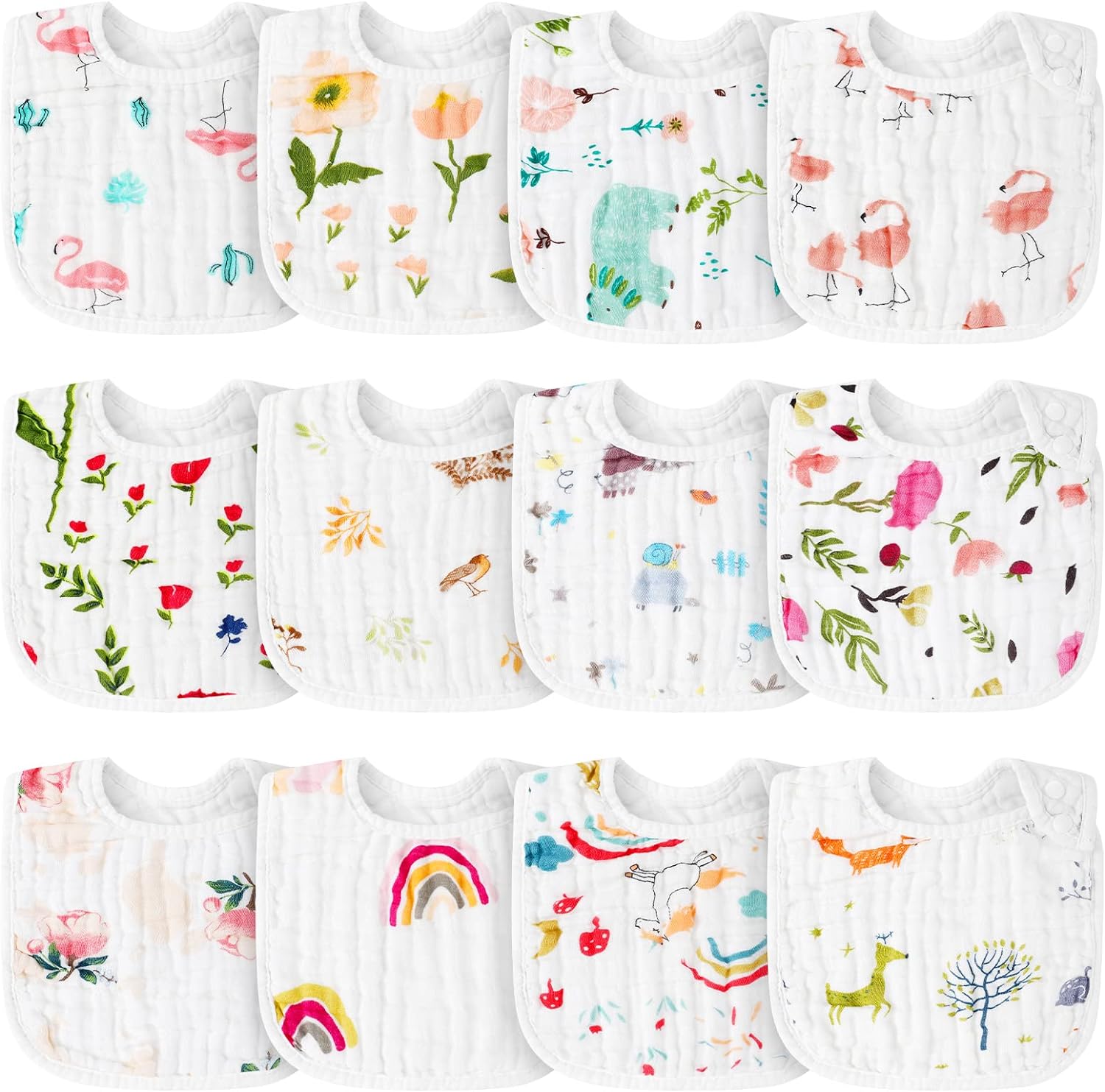 Cindeer 12 Pcs Snap Muslin Baby Bibs for Boy Girl, Cotton Drool Bibs, 6 Layers of Cotton Gauze Baby Saliva Towel Baby Bibs for Infant Neutral Newborns Toddlers Drooling Teething Feeding Baby Shower