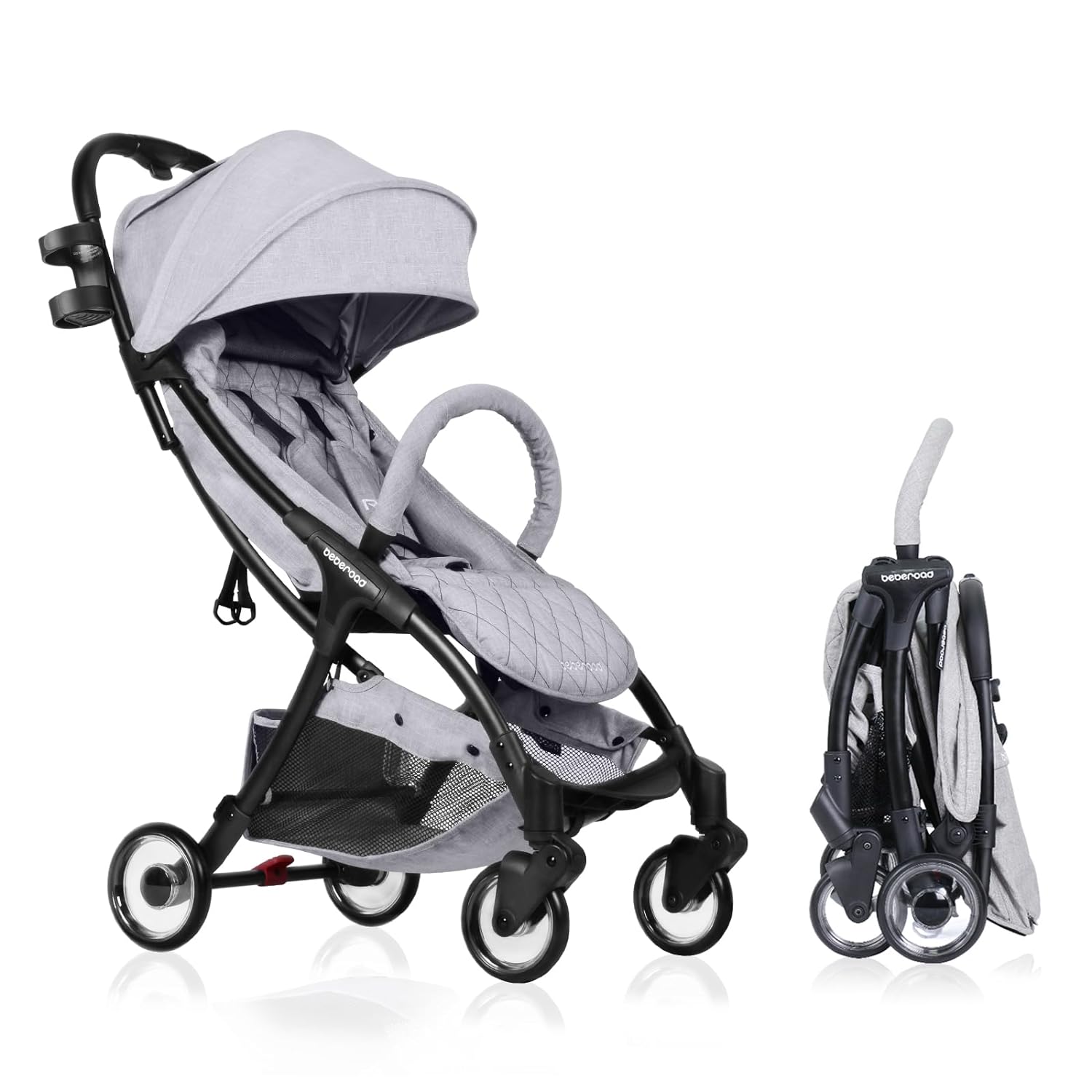 Beberoad Love R2 Lightweight Compact Baby Stroller Foldable Travel Stroller for Baby Newborn Infant Toddler with Adjustable Backrest, Cup Holder, Storage Basket and UPF 50+ & Waterproof Canopy, Gray