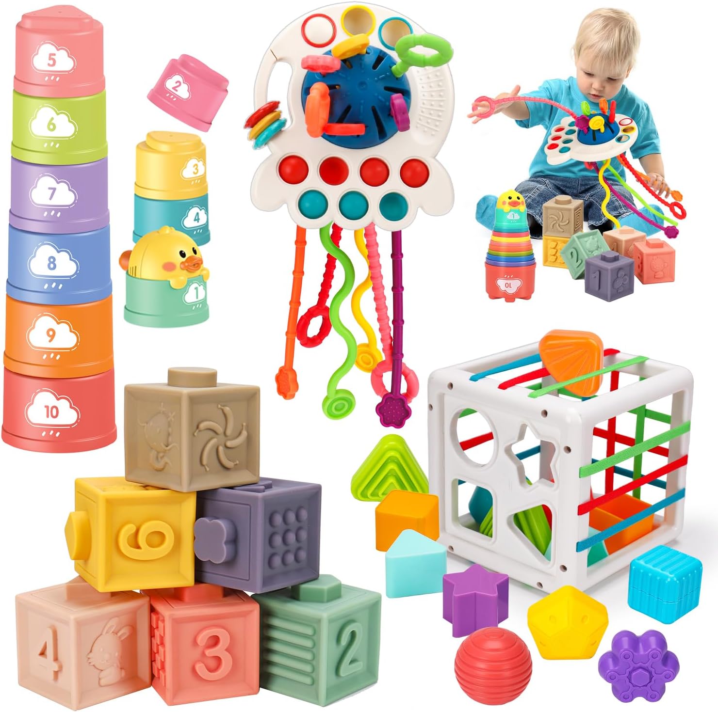 4 In 1 Montessori Baby Toys 6-12-18 Months, Infant Pull String Stacking Cups Shape Sorter Toy 6 7 8 9 10 11 12 M+ sensory Development Learning Toy 3-6 Months Toddlers Gifts for 1 2 Year Old Boys Girls