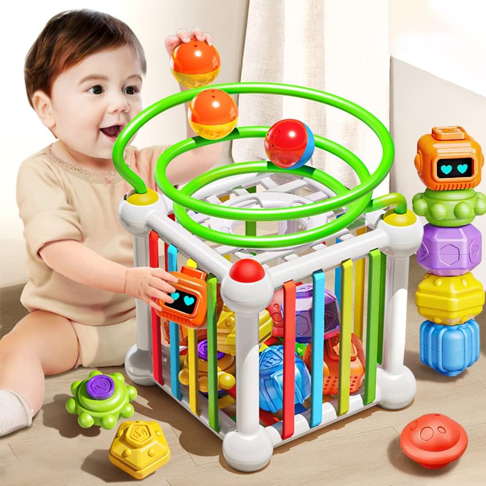 VATOS Baby Montessori Shape Sorter Blocks Toys, Activity Cube with Track for Fine Motor Skills,Montessori Sensory Learning Toys for Infants Toddlers Kids Boys Girls 18+ Months Old Birthday Gifts