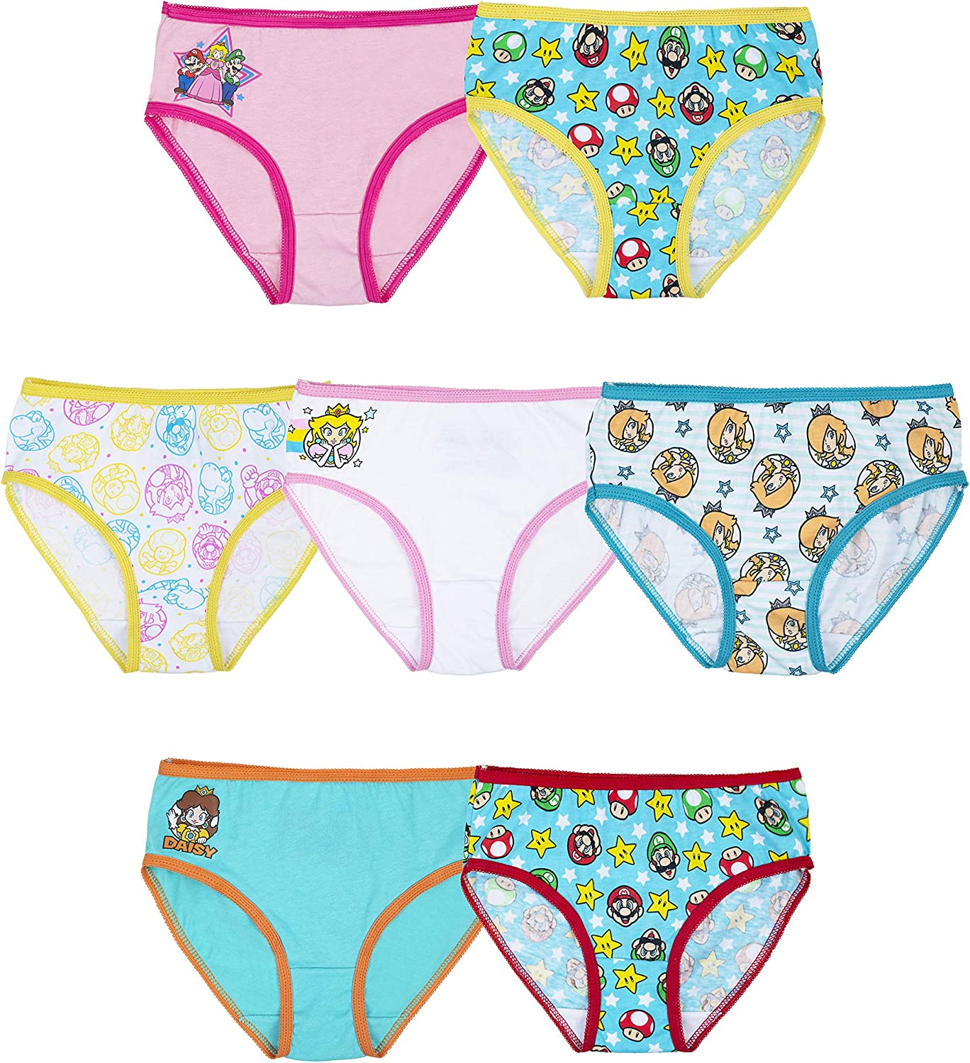 Nintendo Girls' Super Mario 7-Pack 100% Combed Cotton Underwear Available in Size 4, 6, and 8