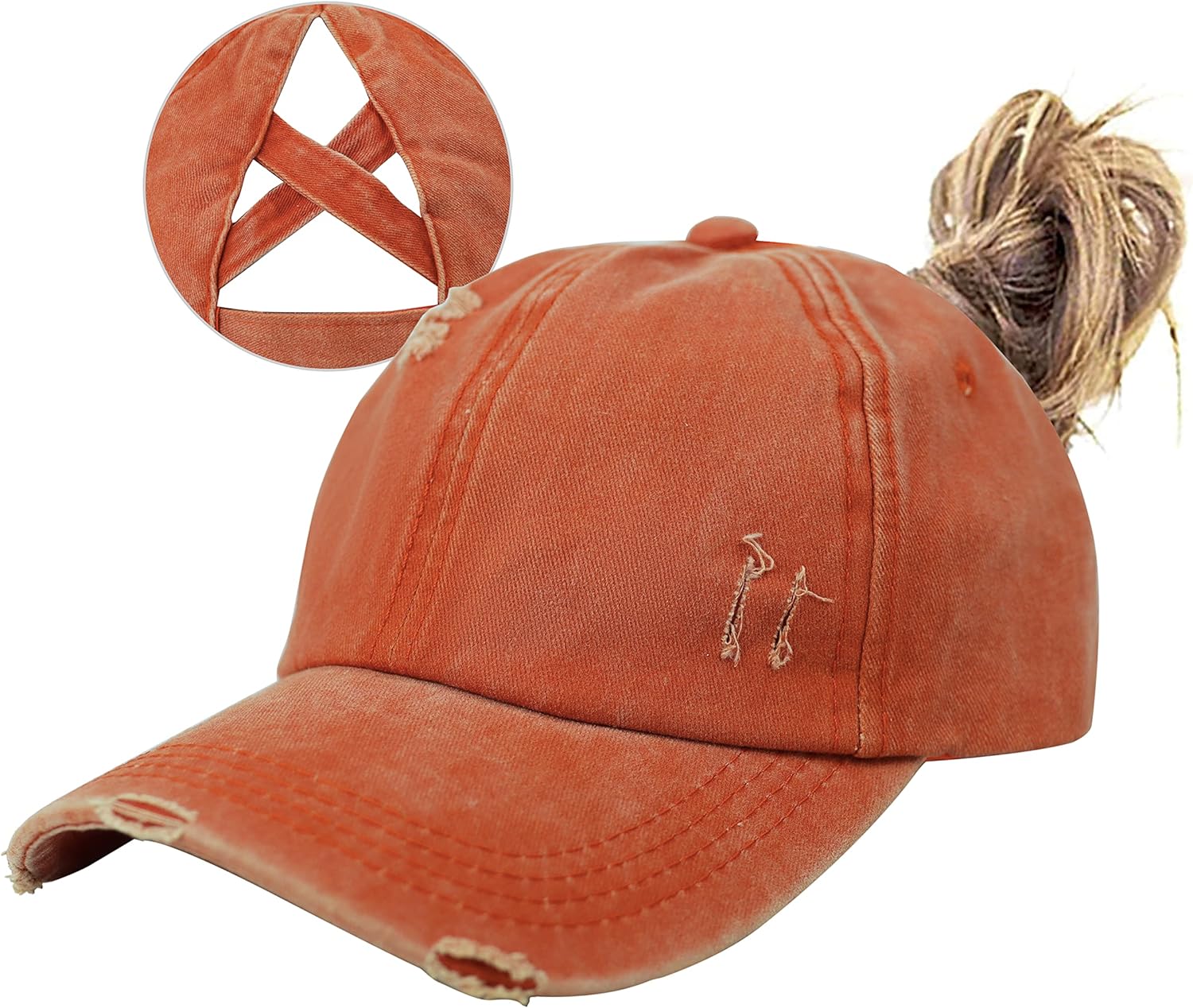 HGGE Women Ponytail Criss Cross High Messy Buns Ponycaps Baseball Cap Adjustable Cotton Distressed Dad Trucker Hat