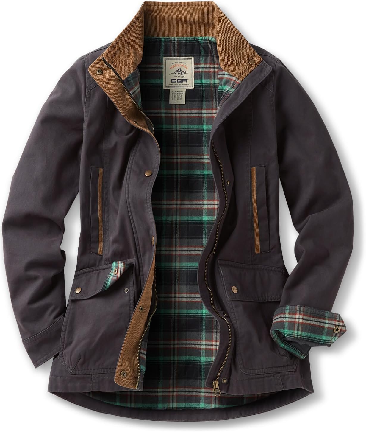 CQR Women's Twill All Cotton Flannel Shirt Jacket, Soft Long Sleeve Shirts, Corduroy Lined Outdoor Shirt Jackets