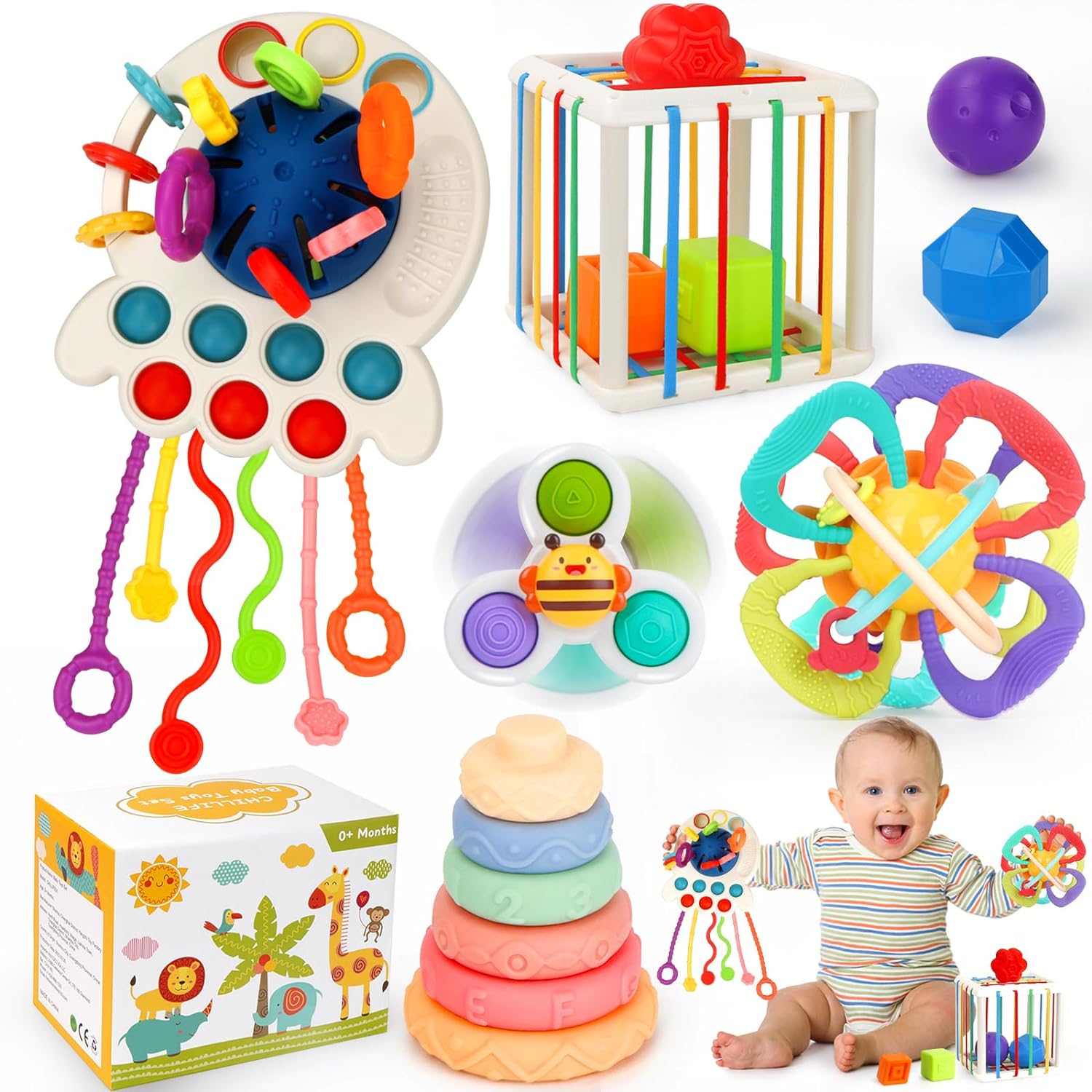 Baby Toys 0-6 Months,5 in 1 Montessori Toys for Babies 6-12 Months,Pull String Infant Teething Toys,Stacking Rings,Color Shape Sensory,Suction Cup Spinner Toys for 0-3-6-9-12 to 18 M+ Birthday Gifts