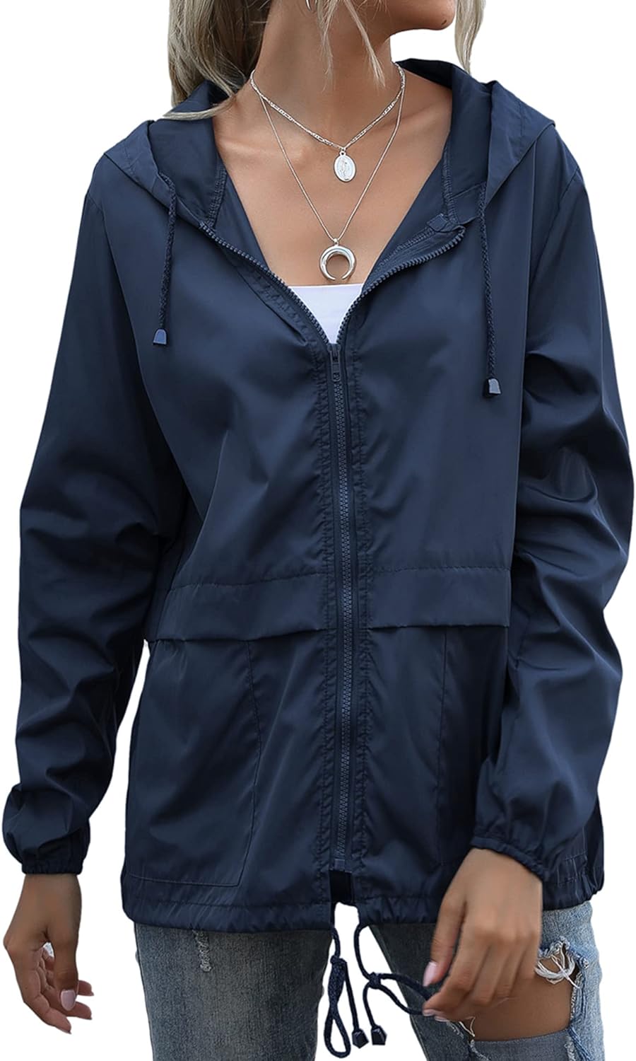 Muzeca Women's Waterproof Raincoat Lightweight Rain Jacket Hooded Windbreaker with Pockets for Outdoor