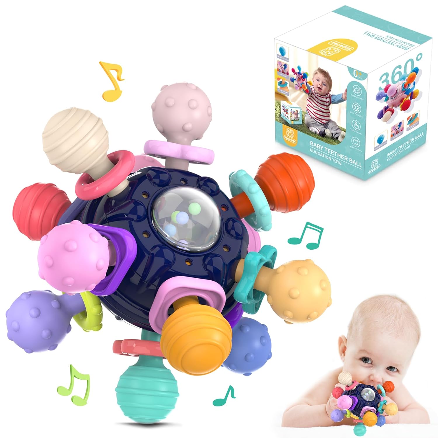 Baby Teething Toys 0-6 Months: Developmental Sensory Montessori Toys for Babies 6-12 Months - Baby Rattle Silicone Chew Toys Baby Shower Gifts for Newborn (Navy)