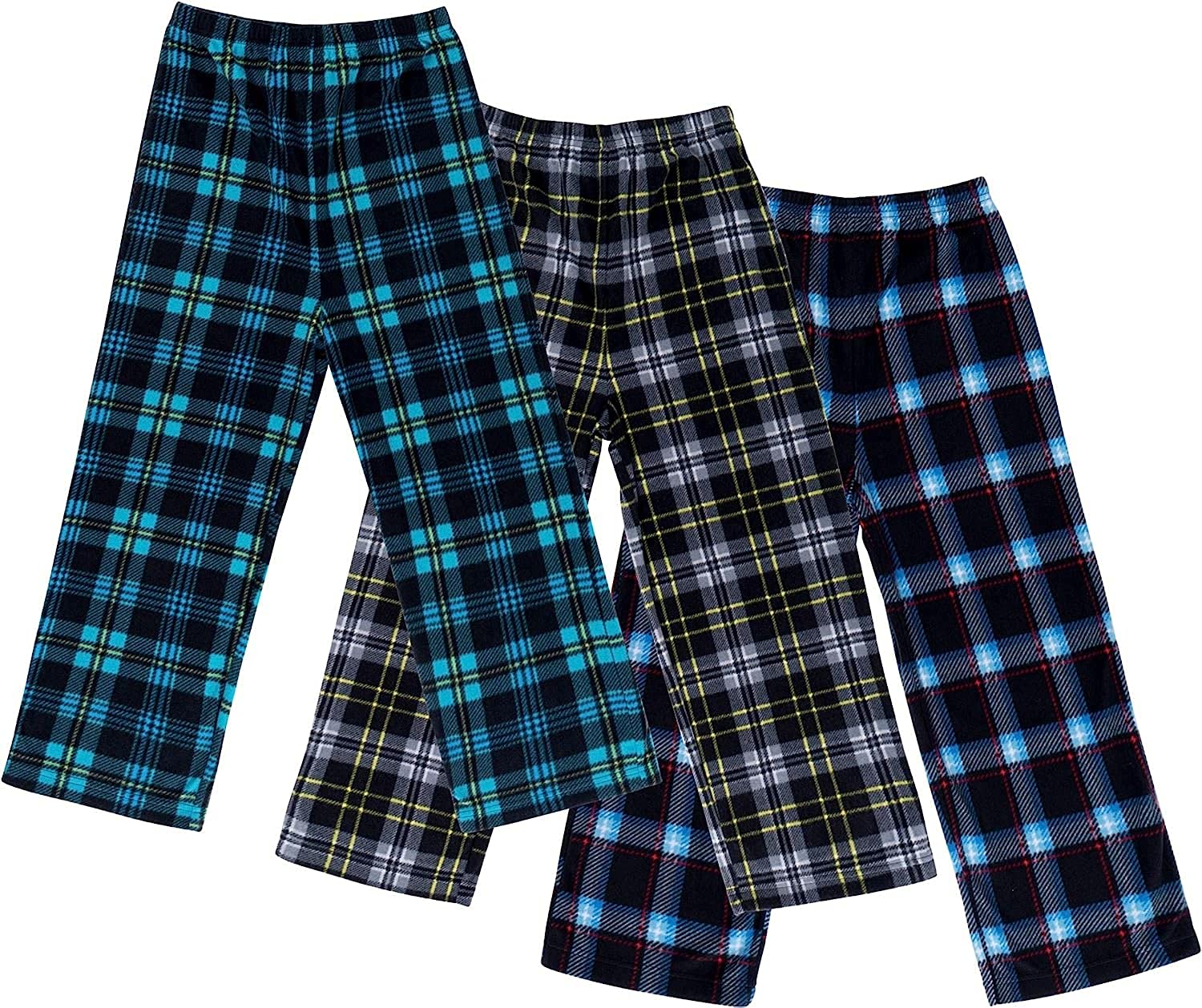 Mad Dog Concepts 3-Pack Boys Pajama Pants Soft Micro Fleece PJ Bottom - Printed Plaid Flannel Lounge Pants for Kids