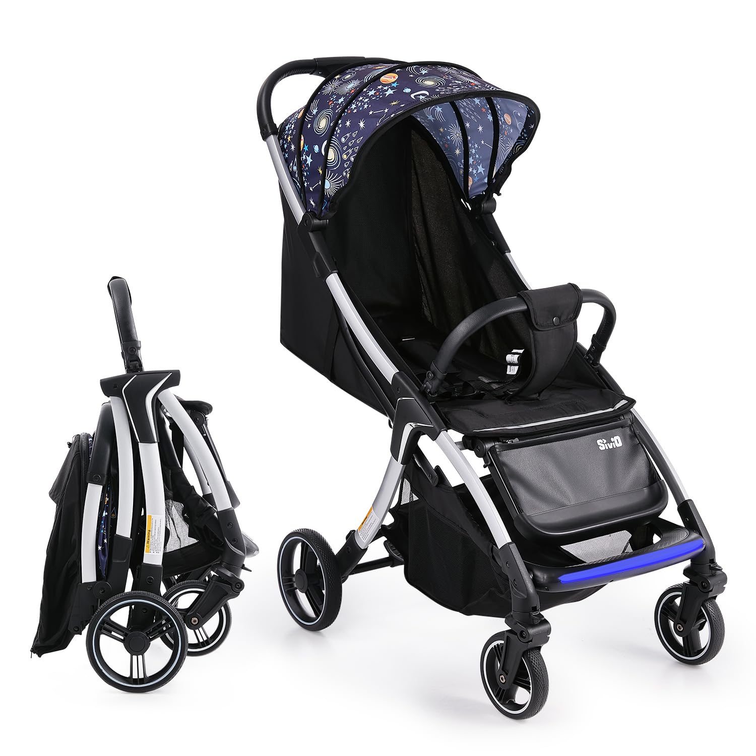 Sivio Compact Baby Stroller, Lightweight All Aluminum Frame Toddler Stroller, Multiposition Recline, Extend Canopy, Big Wheels, 5-Point Harness, Infant Travel Stroller, Convenience for Airplane