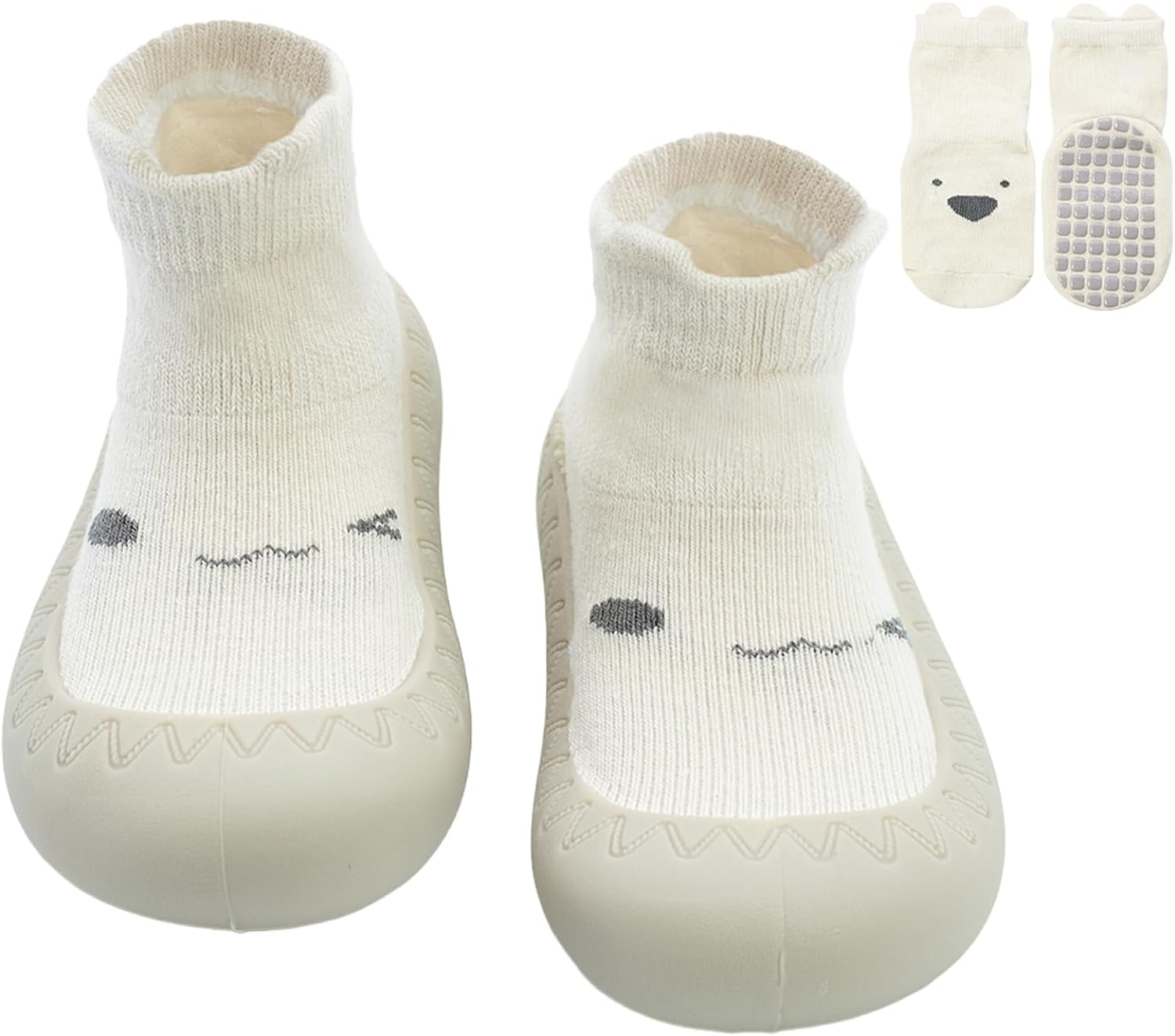 2 Pair Baby Caroon Non-slip Shoes, Baby slippers Shoes for Boys Girls Walkers Shoes Soft Rubber Grippers with Baby slippers, Khaki, White, Pink, Blue Infant First Walking Shoes 6-12,12-18, 18-24 Month